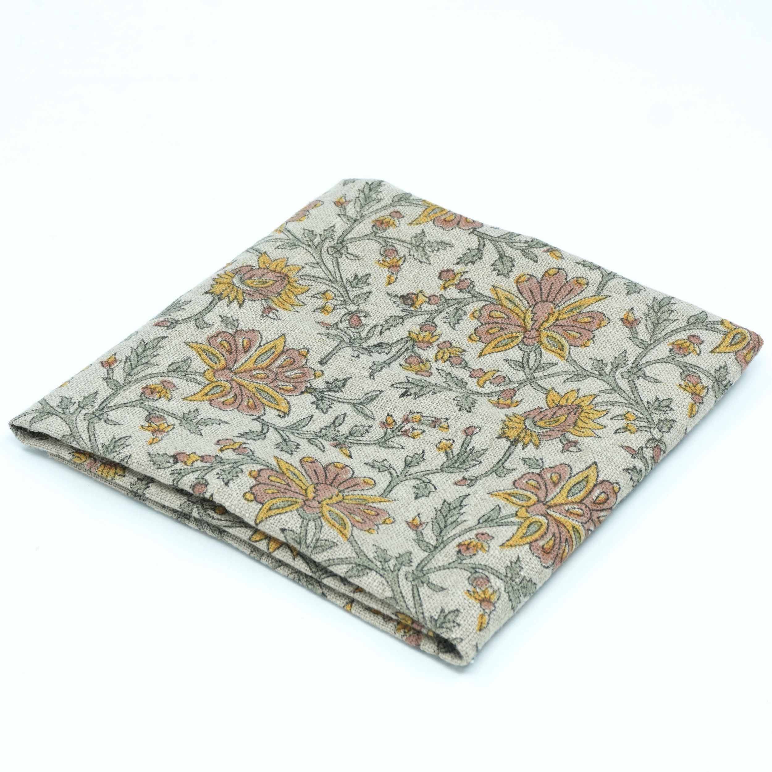 Indian Print Yellow Gray Floral Thick Linen Fabric for Upholstery - Neerabel