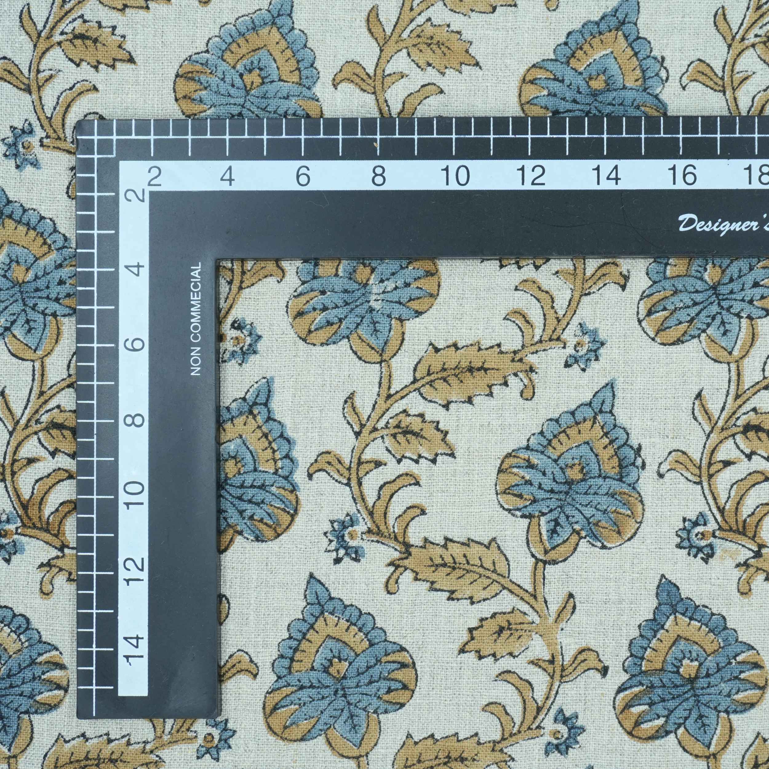 Handmade Madhubala Blue Mustard Floral Print Linen Curtain Fabric