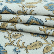 Handmade Madhubala Blue Mustard Floral Print Linen Curtain Fabric