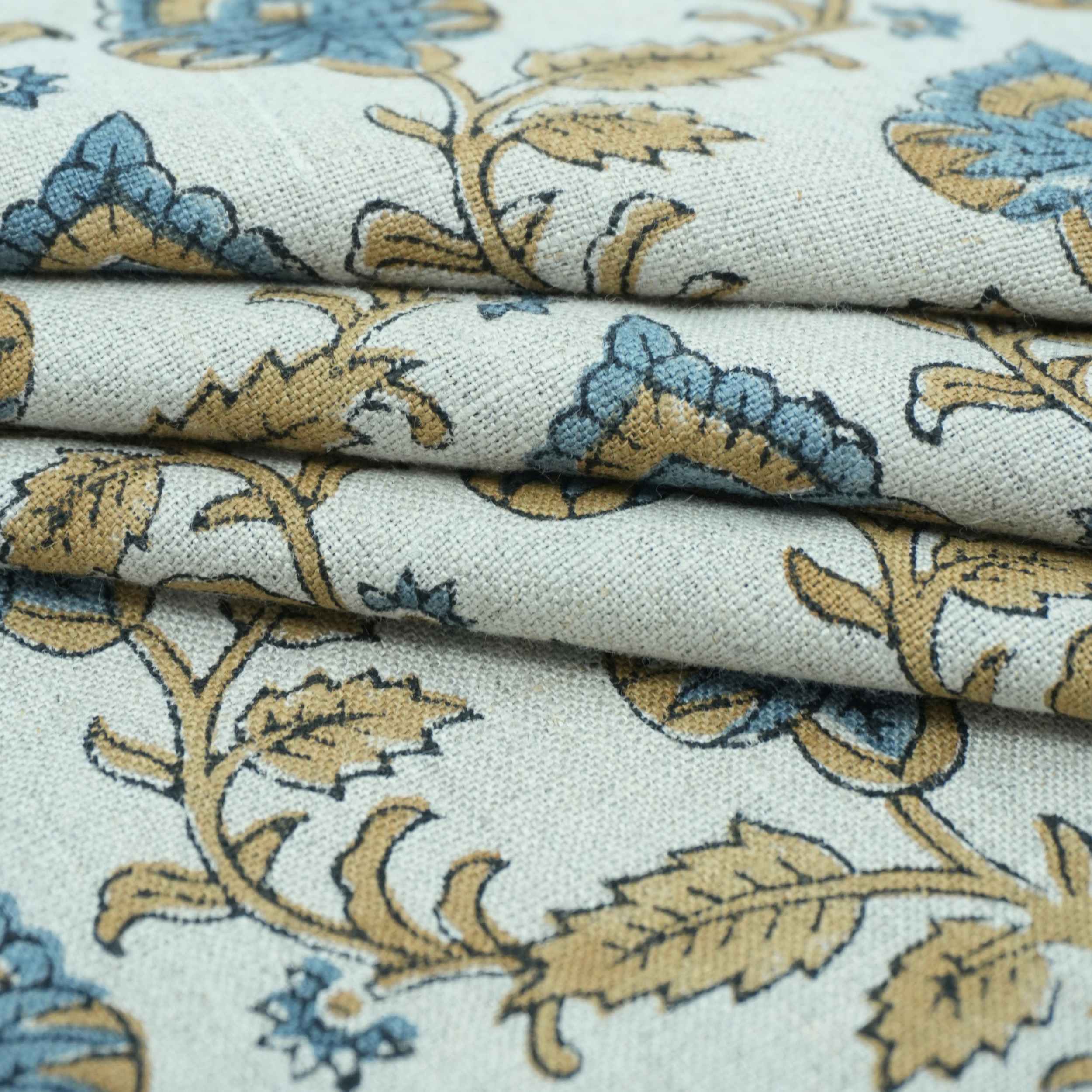 Handmade Madhubala Blue Mustard Floral Print Linen Curtain Fabric