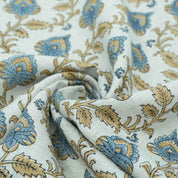 Handmade Madhubala Blue Mustard Floral Print Linen Curtain Fabric