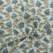Handmade Madhubala Blue Mustard Floral Print Linen Curtain Fabric