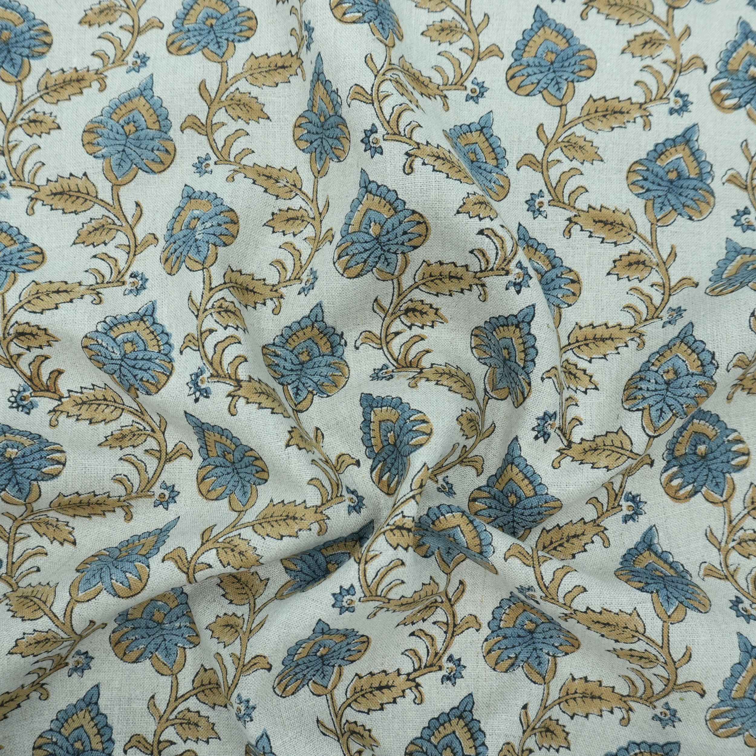 Handmade Madhubala Blue Mustard Floral Print Linen Curtain Fabric