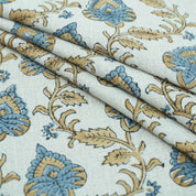 Handmade Madhubala Blue Mustard Floral Print Linen Curtain Fabric