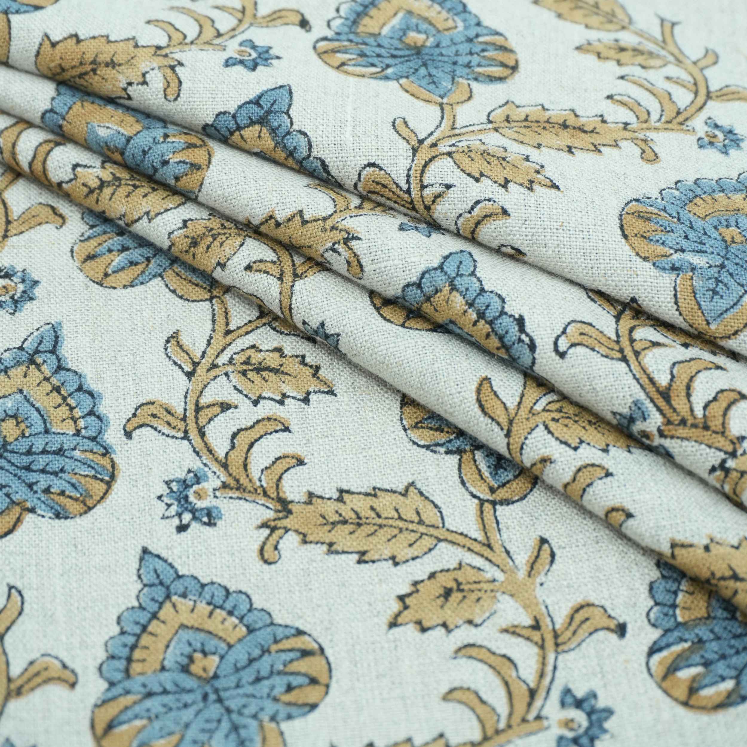 Handmade Madhubala Blue Mustard Floral Print Linen Curtain Fabric