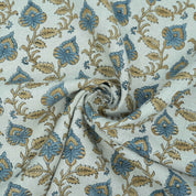Handmade Madhubala Blue Mustard Floral Print Linen Curtain Fabric