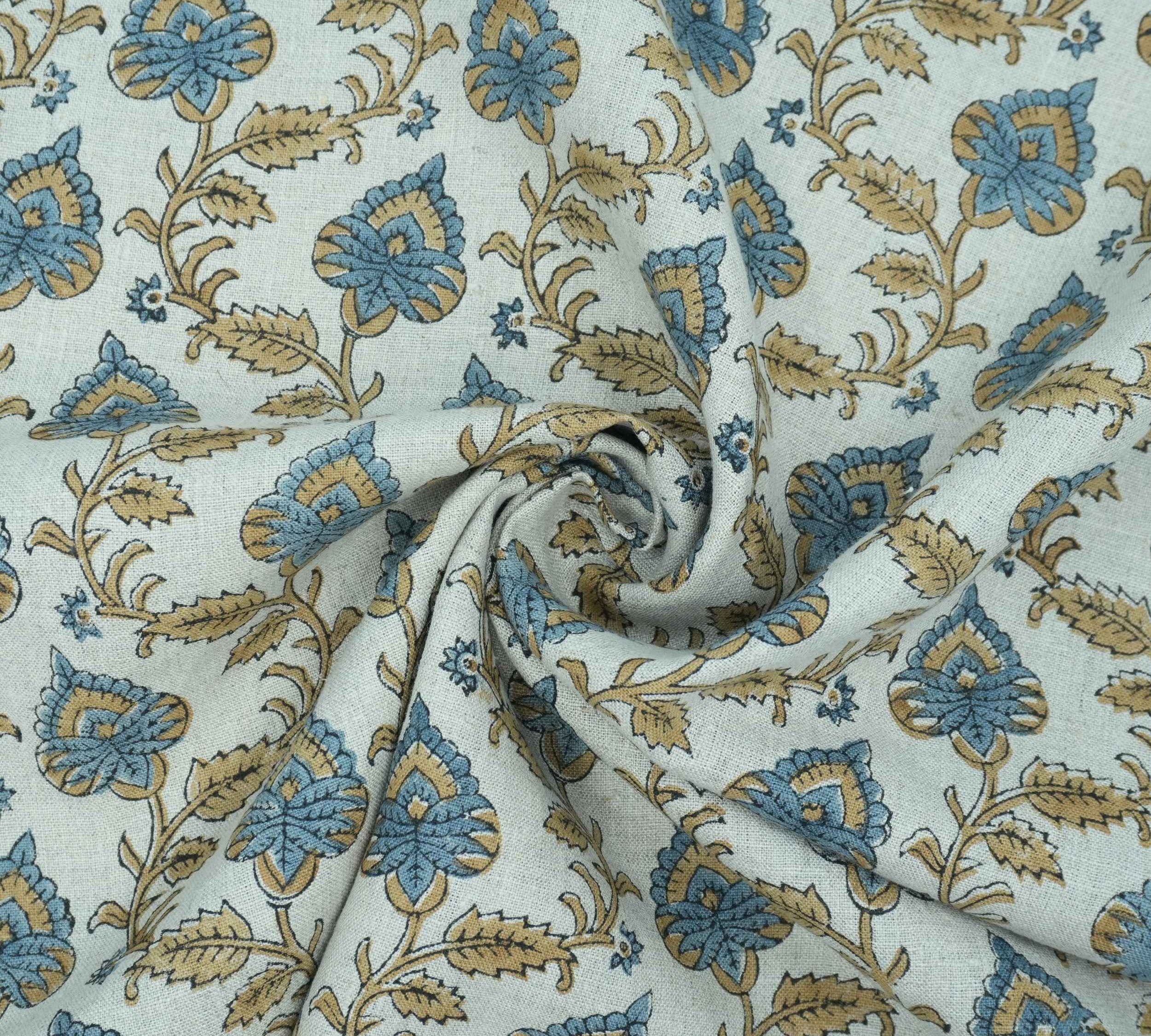 Handmade Madhubala Blue Mustard Floral Print Linen Curtain Fabric