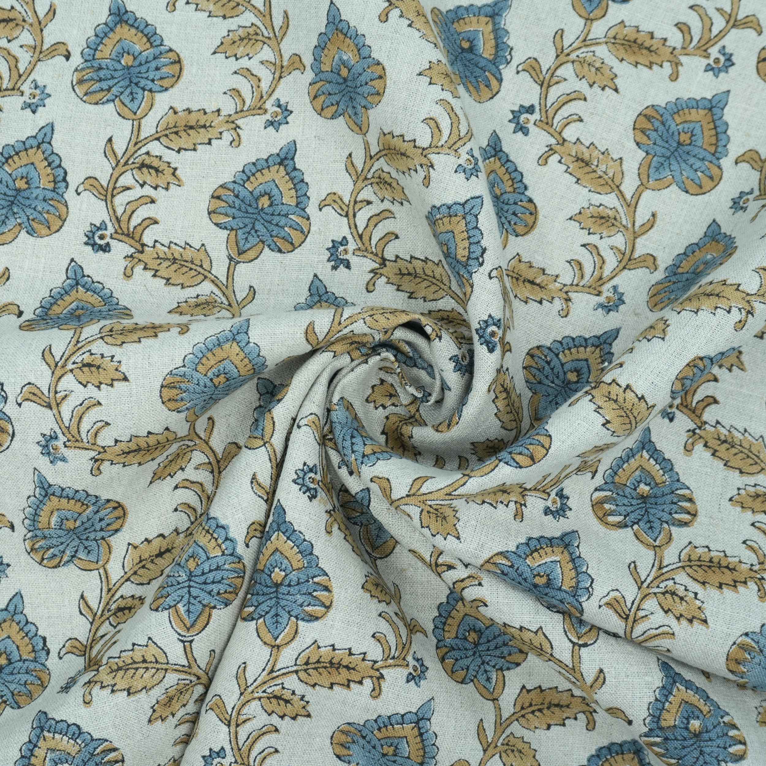 Handmade Madhubala Blue Mustard Floral Print Linen Curtain Fabric