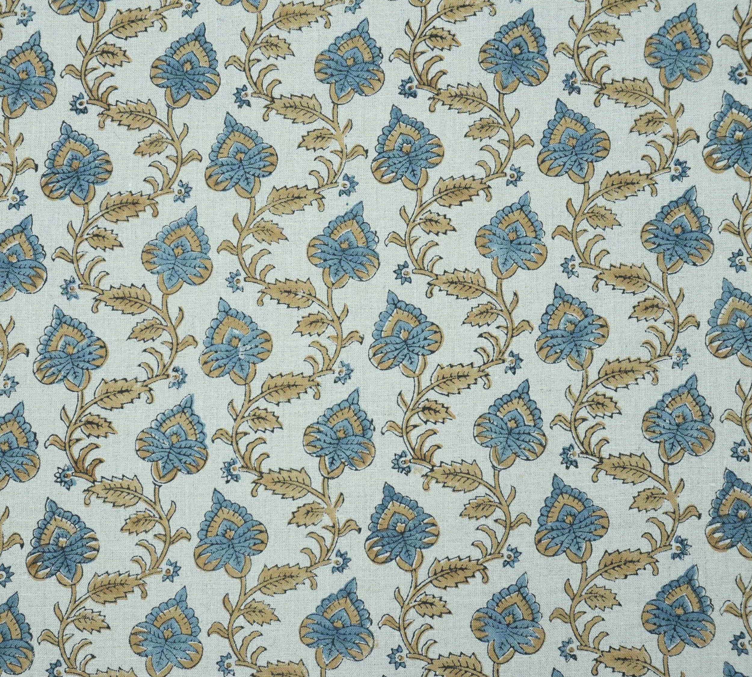 Handmade Madhubala Blue Mustard Floral Print Linen Curtain Fabric