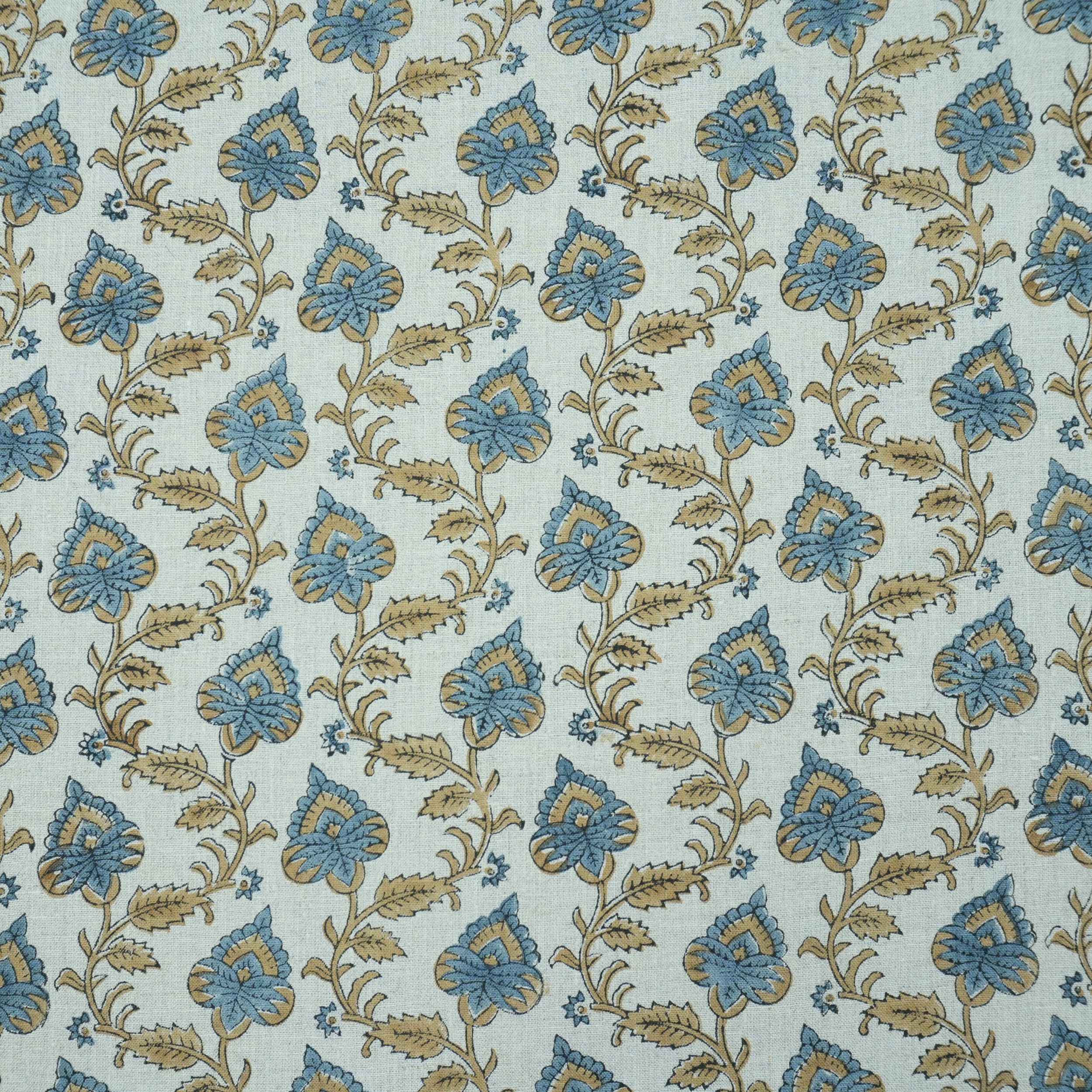 Handmade Madhubala Blue Mustard Floral Print Linen Curtain Fabric