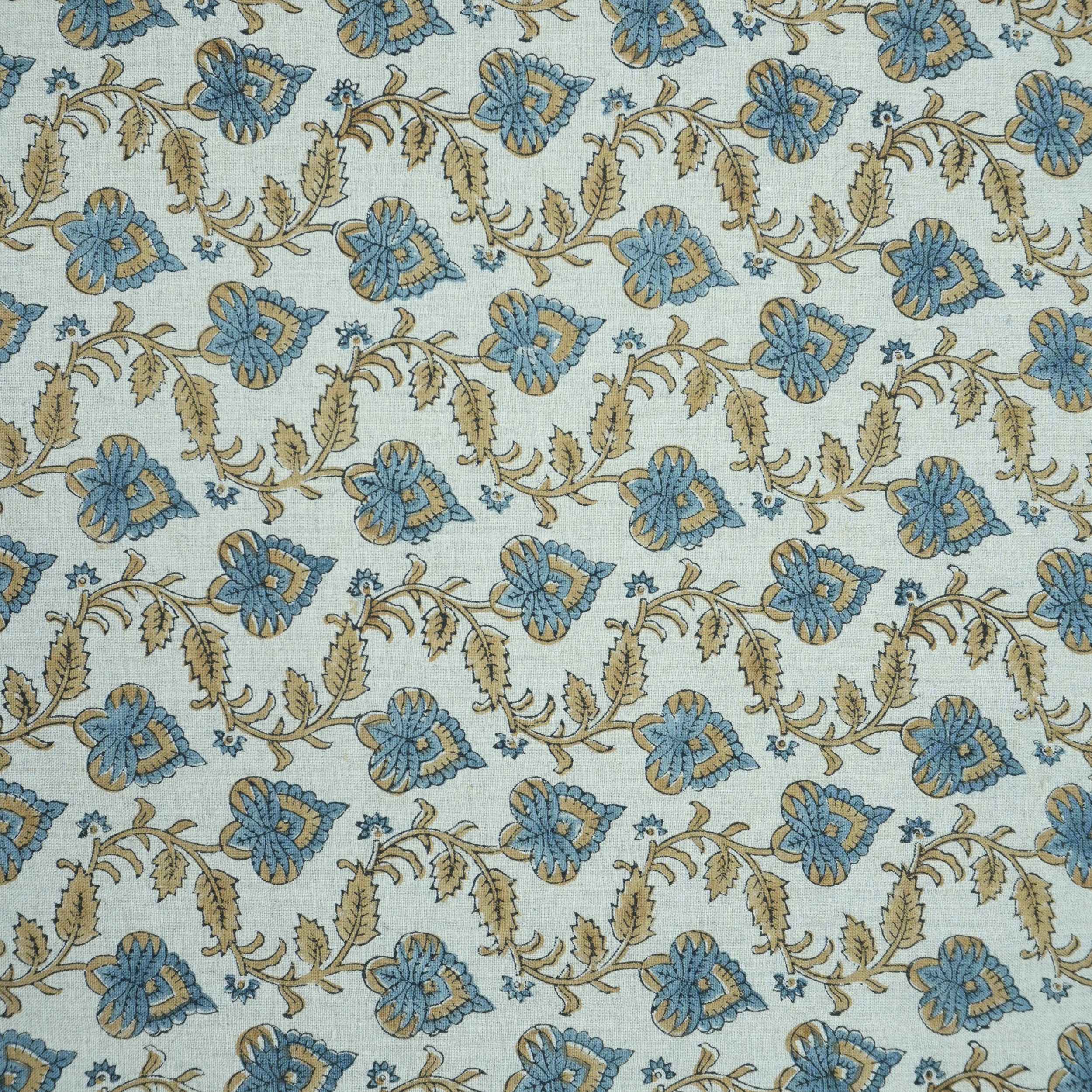 Handmade Madhubala Blue Mustard Floral Print Linen Curtain Fabric