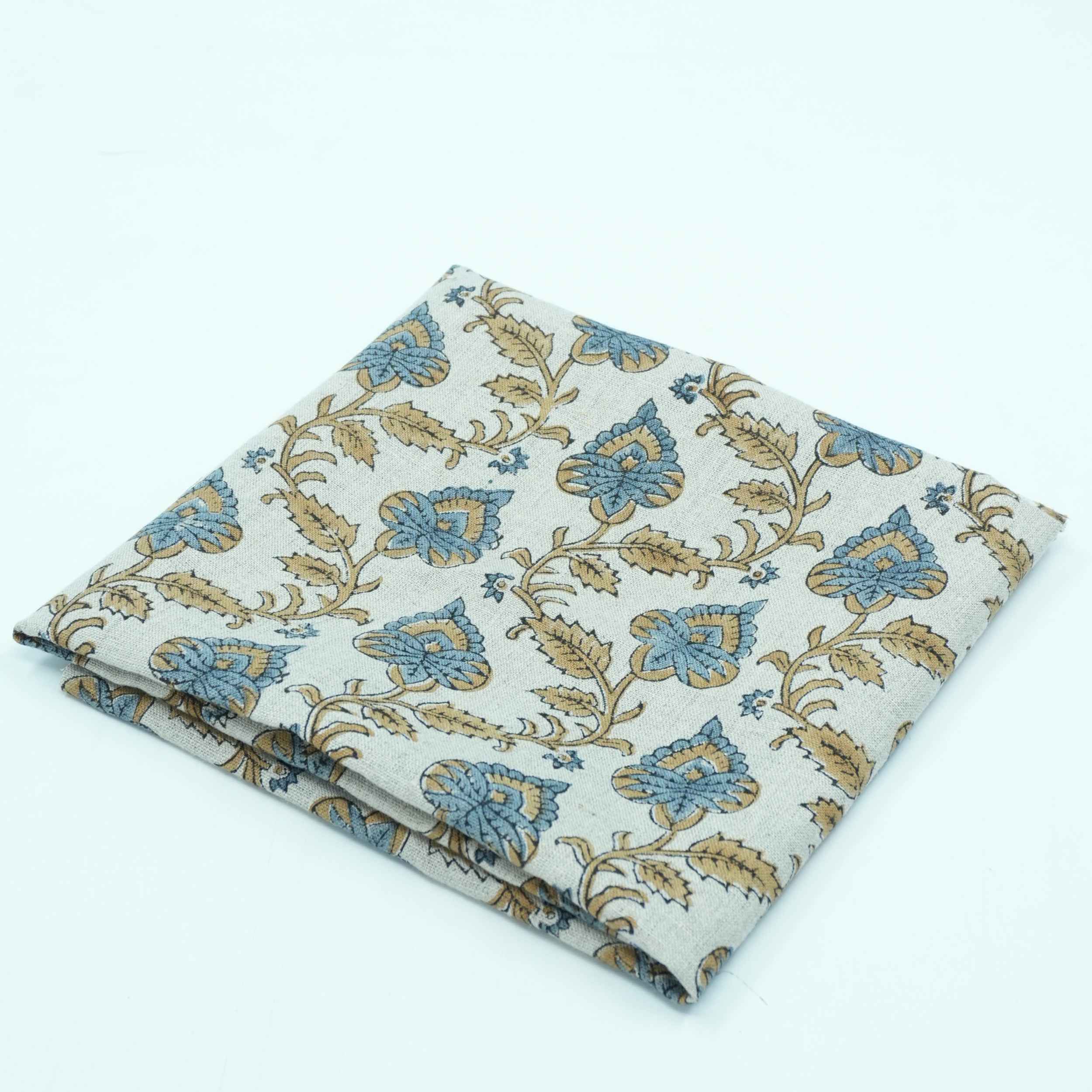 Handmade Madhubala Blue Mustard Floral Print Linen Curtain Fabric