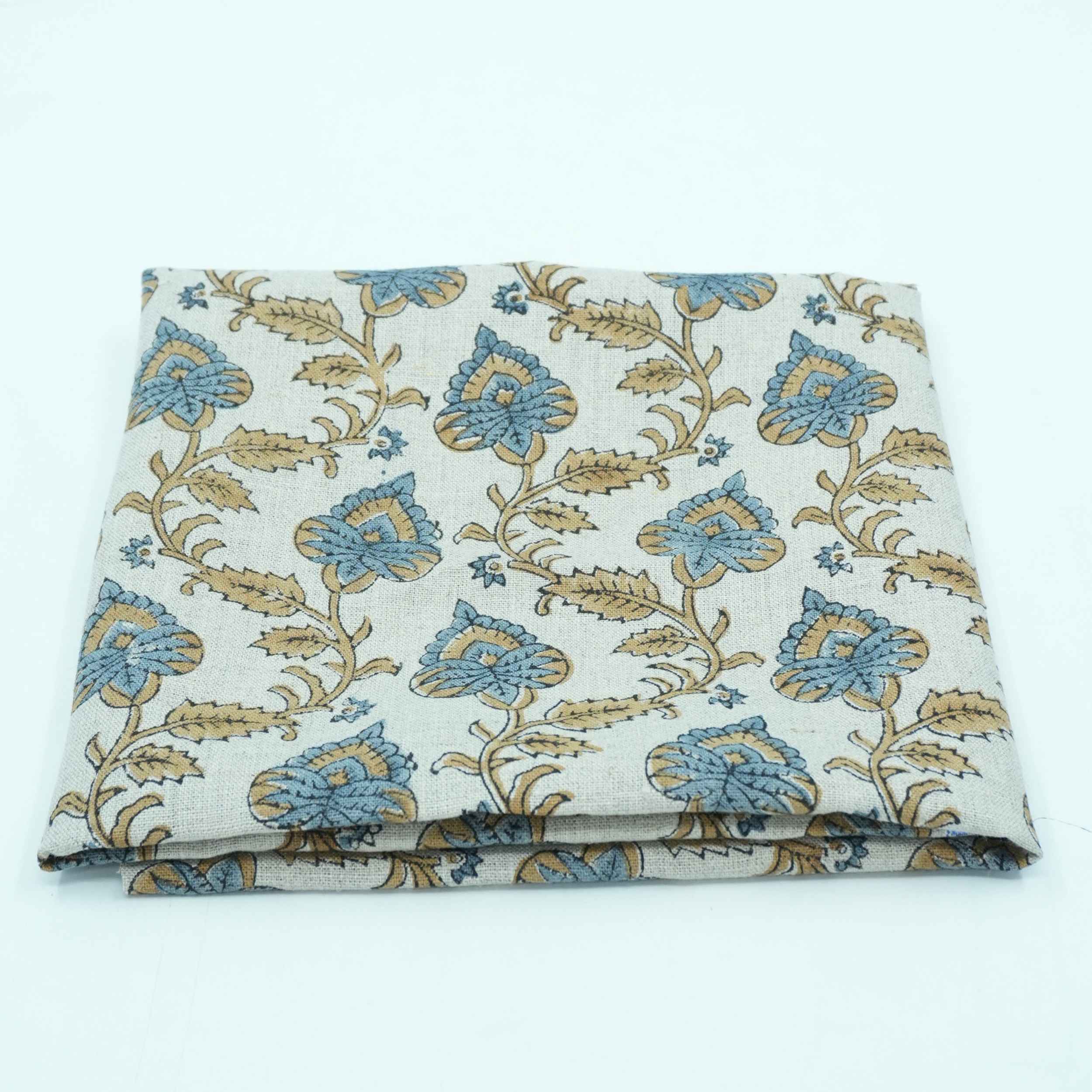 Handmade Madhubala Blue Mustard Floral Print Linen Curtain Fabric