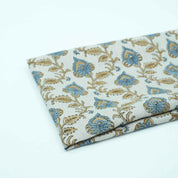 Handmade Madhubala Blue Mustard Floral Print Linen Curtain Fabric