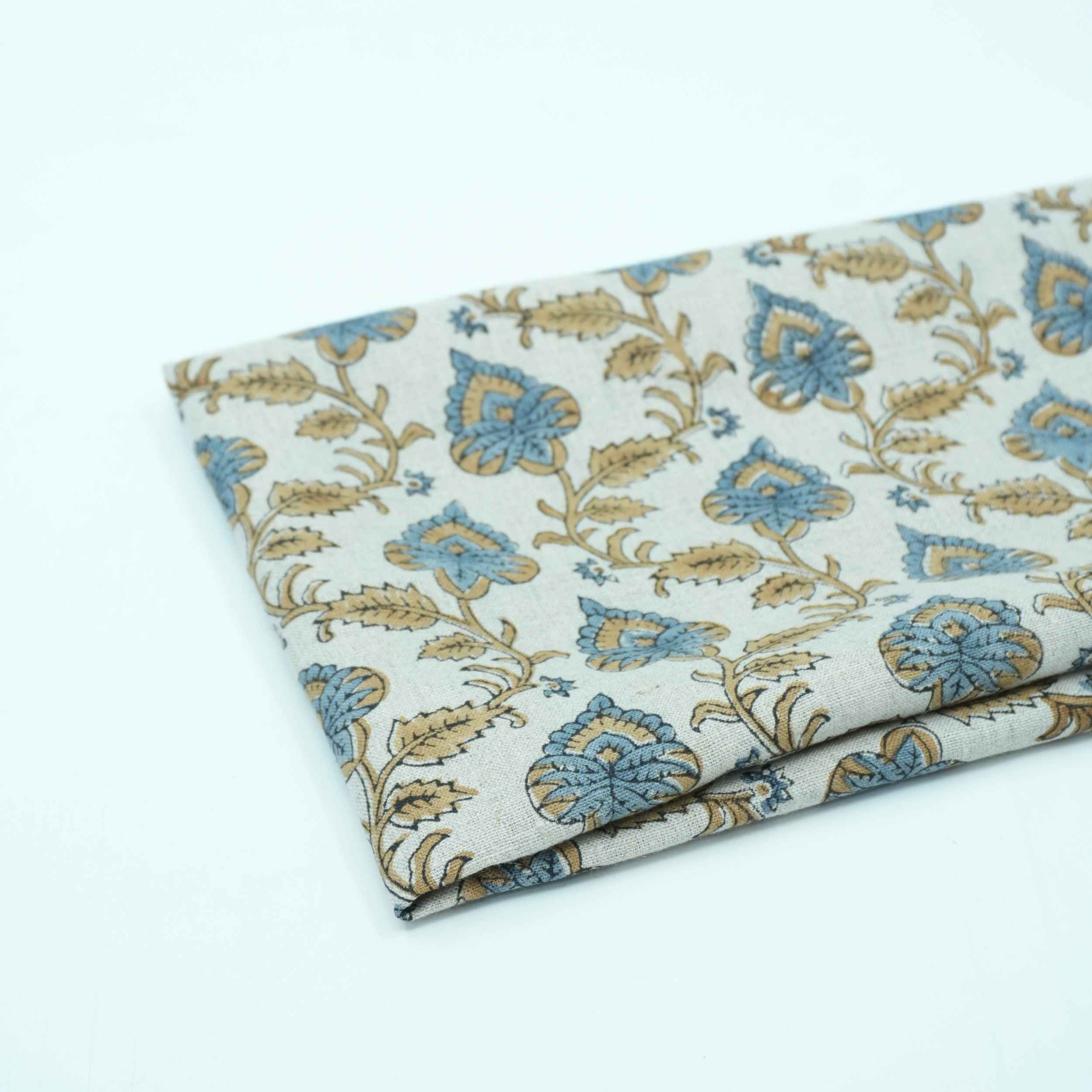 Handmade Madhubala Blue Mustard Floral Print Linen Curtain Fabric
