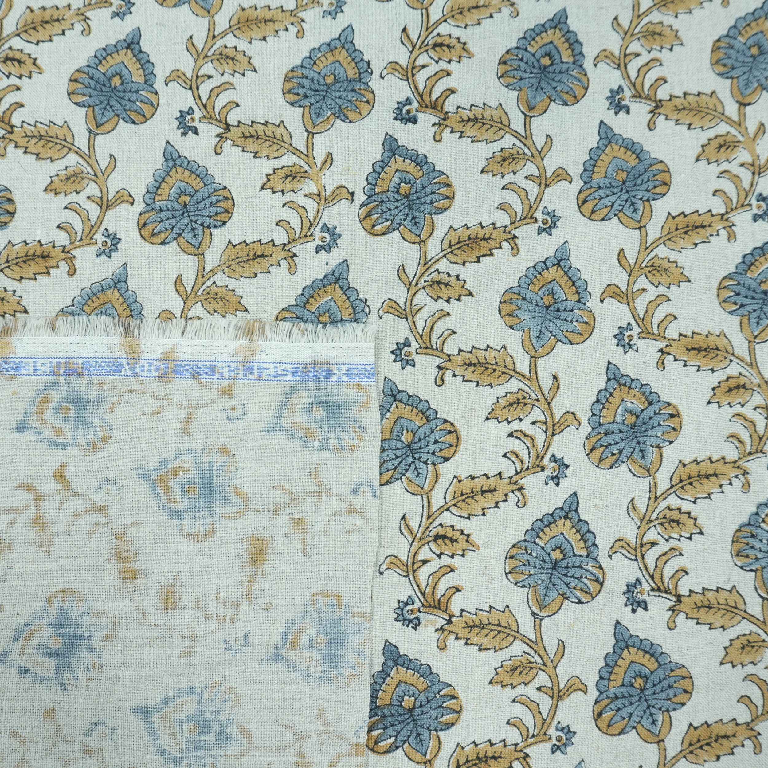 Handmade Madhubala Blue Mustard Floral Print Linen Curtain Fabric