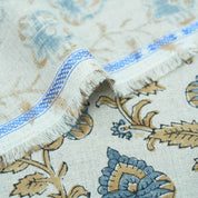 Handmade Madhubala Blue Mustard Floral Print Linen Curtain Fabric