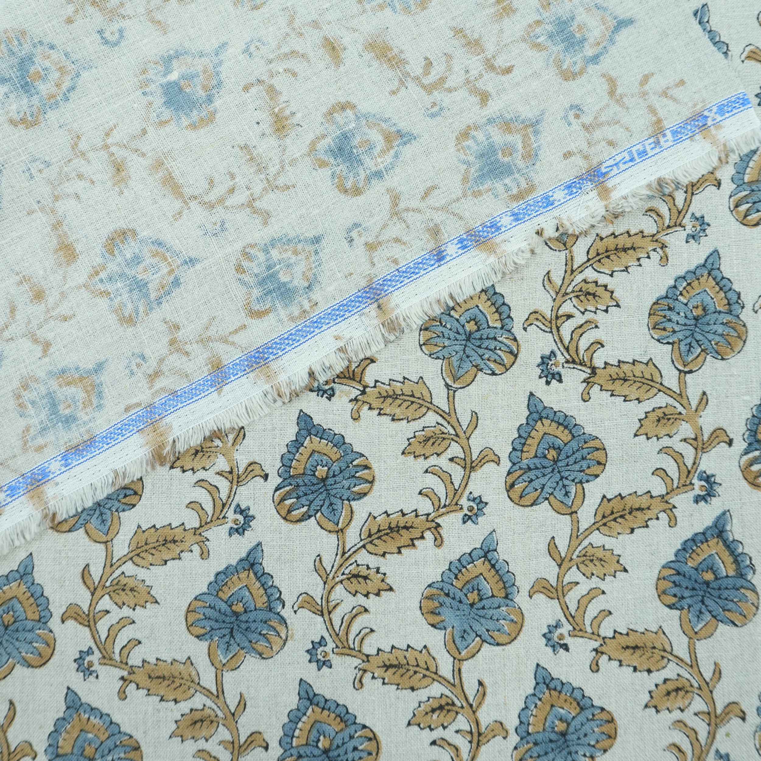 Handmade Madhubala Blue Mustard Floral Print Linen Curtain Fabric