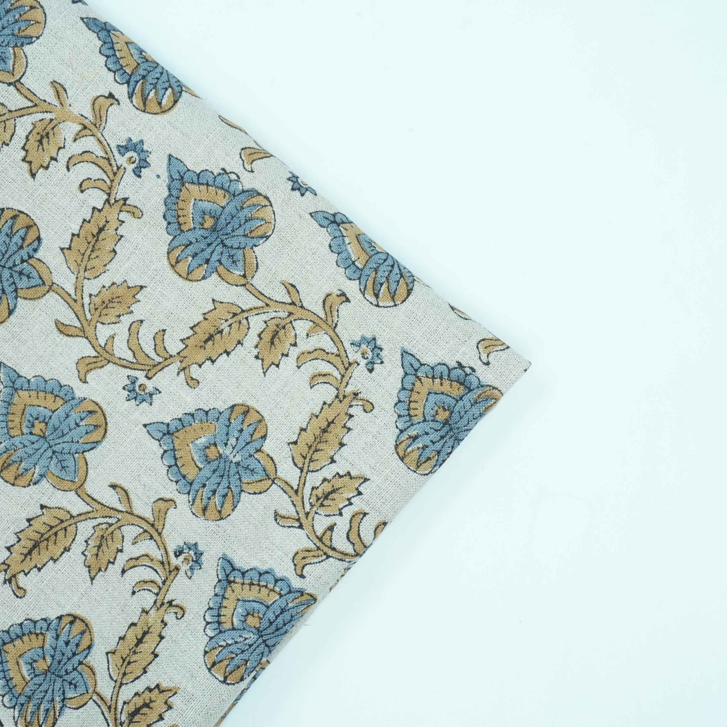 Handmade Madhubala Blue Mustard Floral Print Linen Curtain Fabric