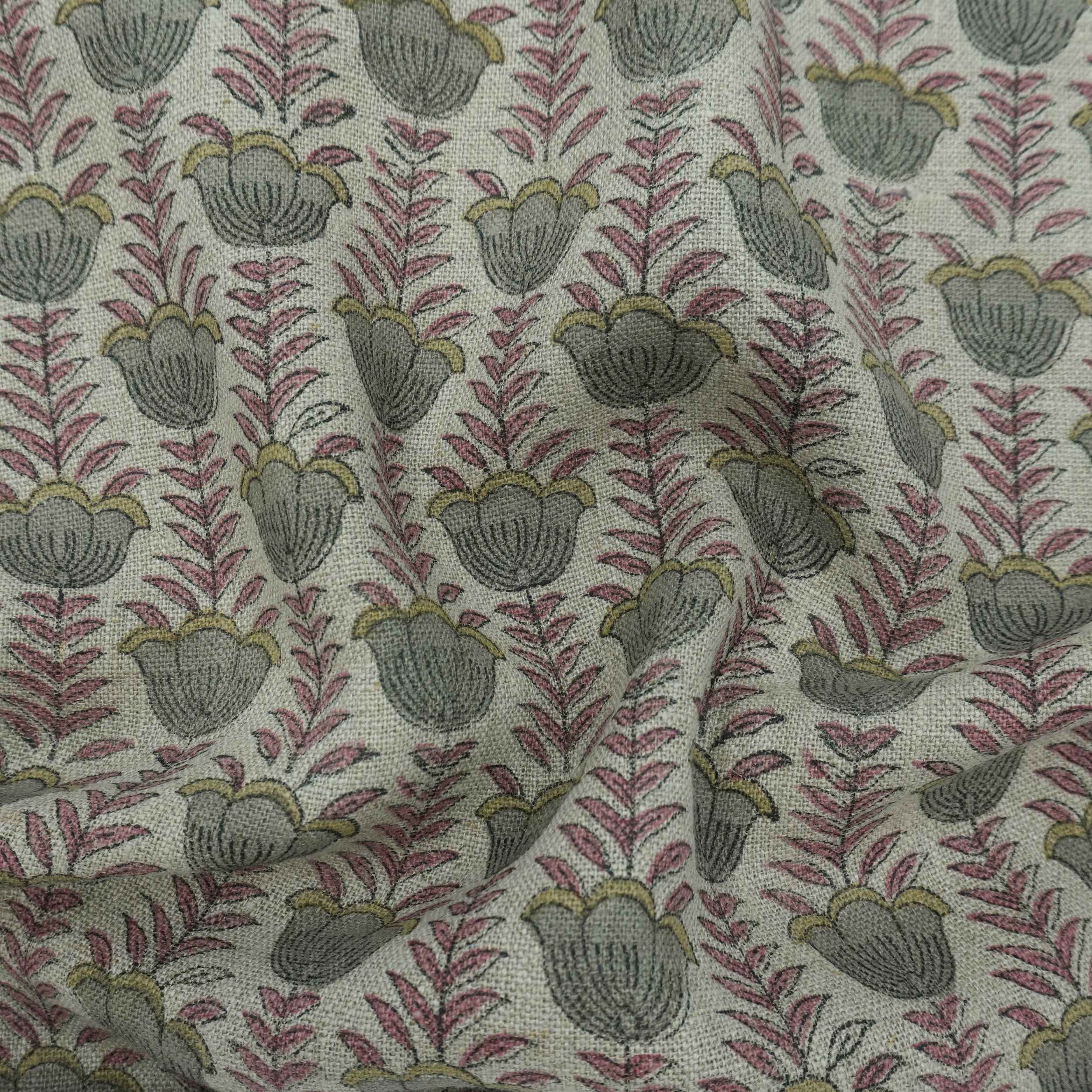Block Print Thick Linen Pink Floral Lampshade Fabric - Lotus