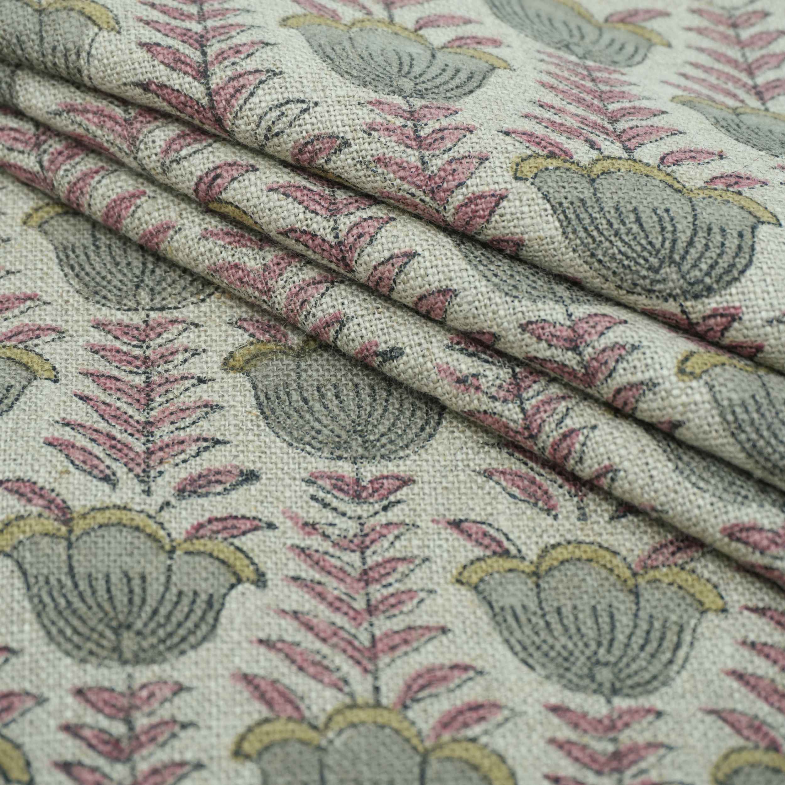 Block Print Thick Linen Pink Floral Lampshade Fabric - Lotus
