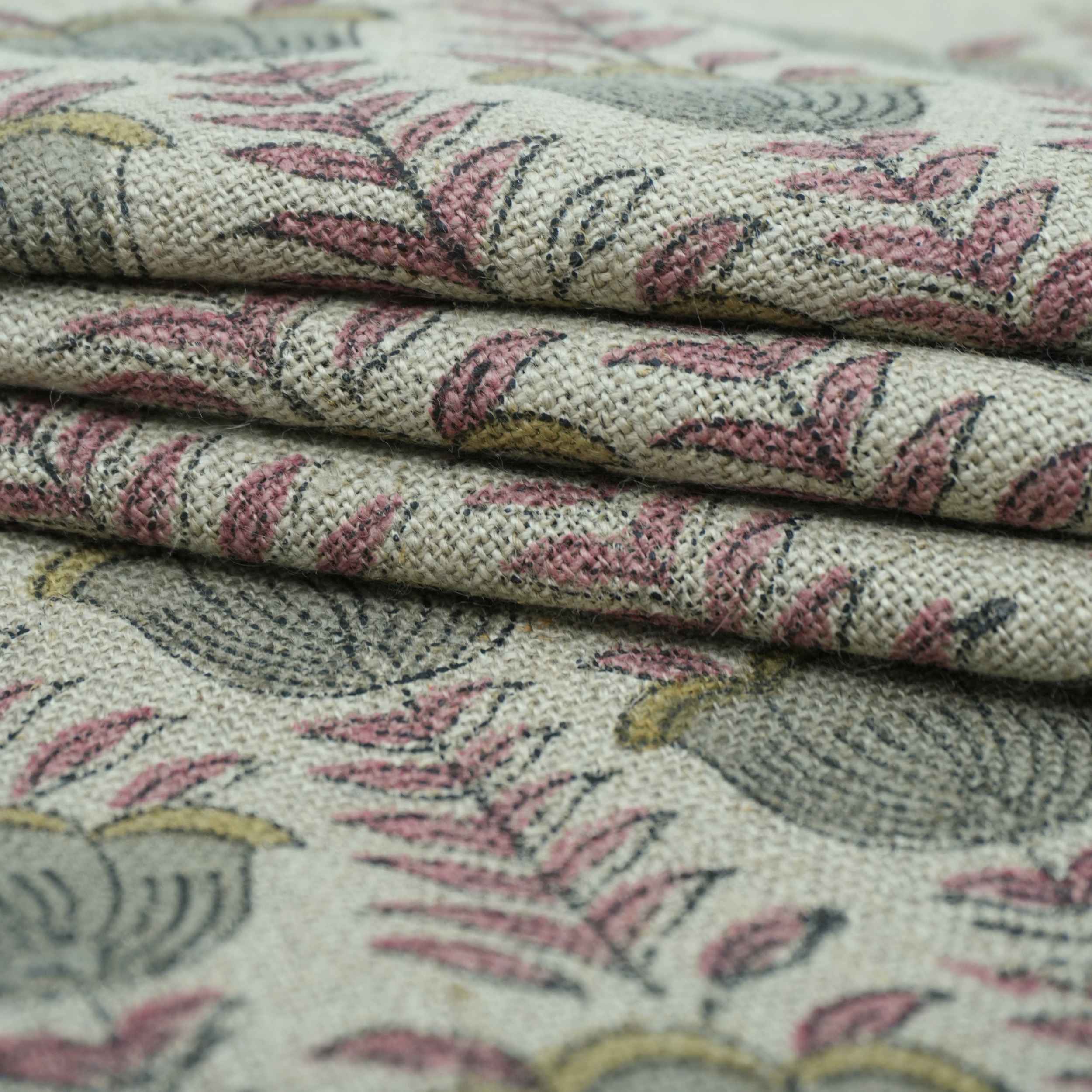 Block Print Thick Linen Pink Floral Lampshade Fabric - Lotus