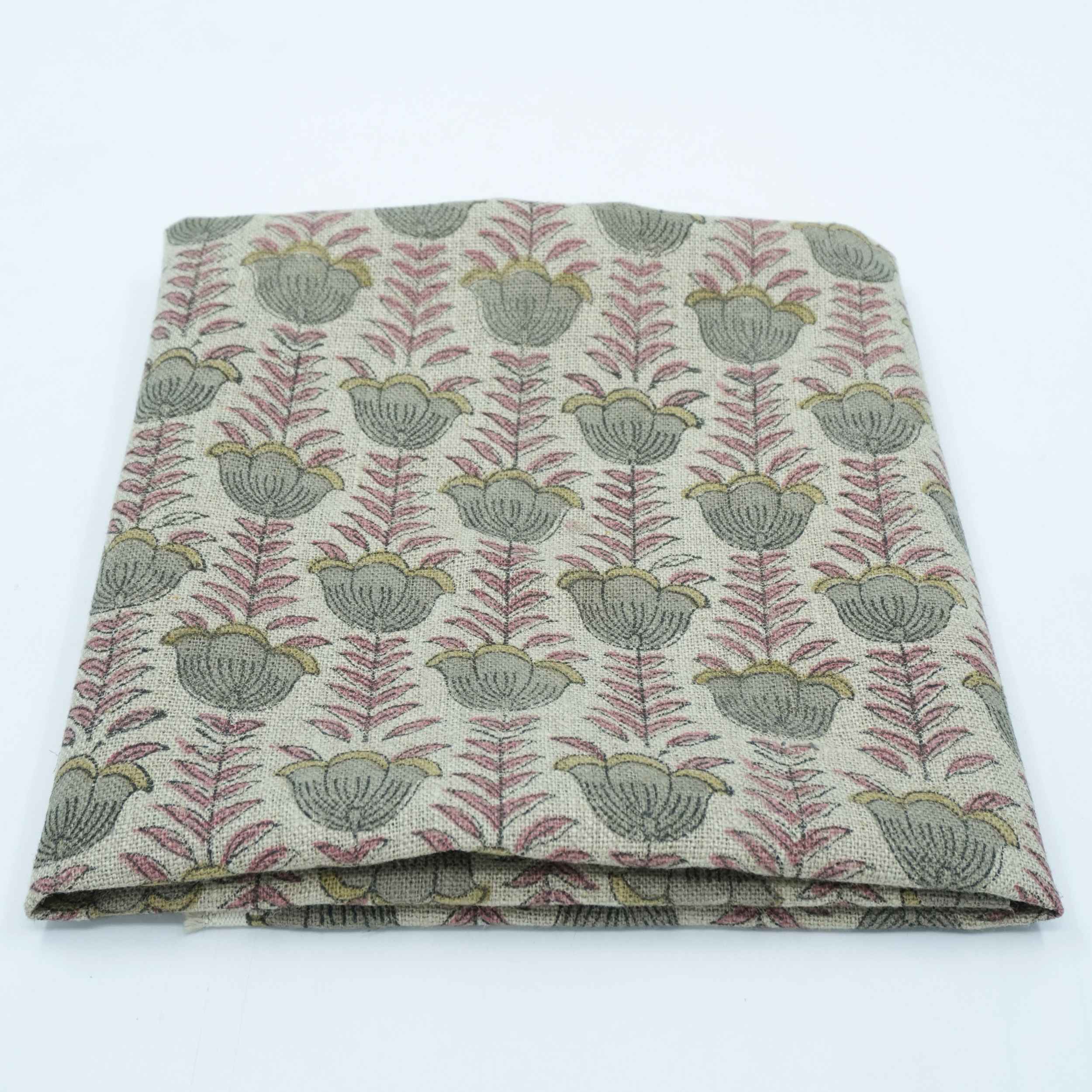 Block Print Thick Linen Pink Floral Lampshade Fabric - Lotus
