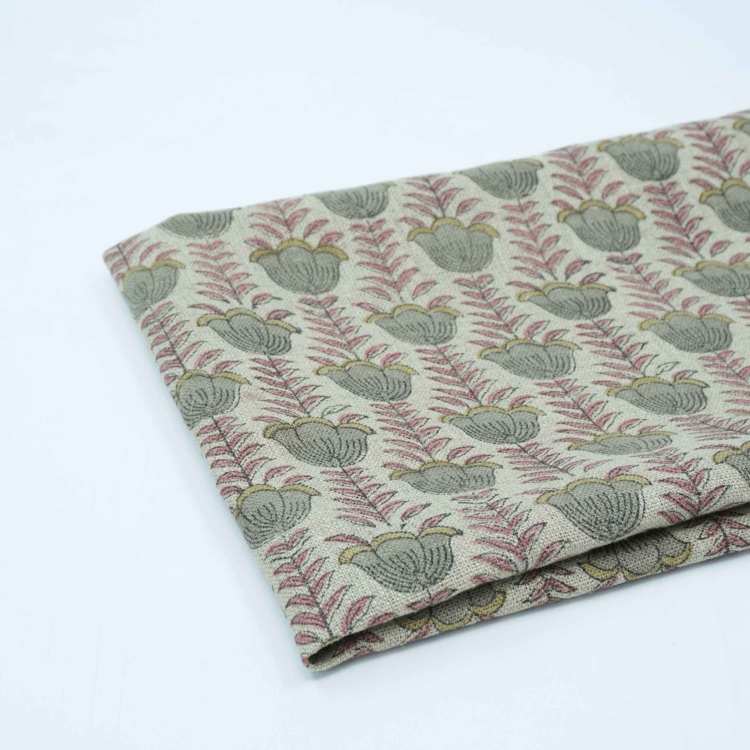 Block Print Thick Linen Pink Floral Lampshade Fabric - Lotus