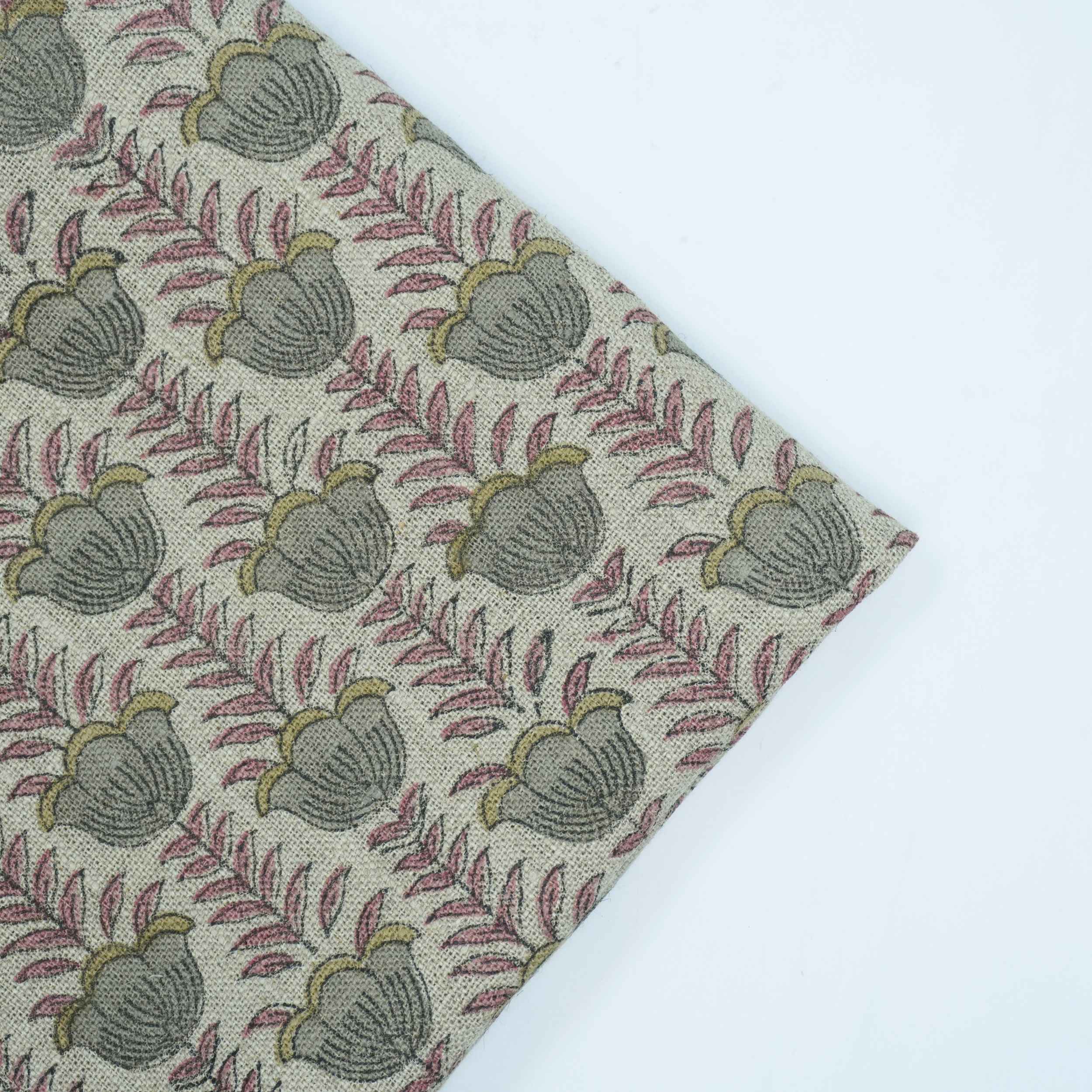 Block Print Thick Linen Pink Floral Lampshade Fabric - Lotus