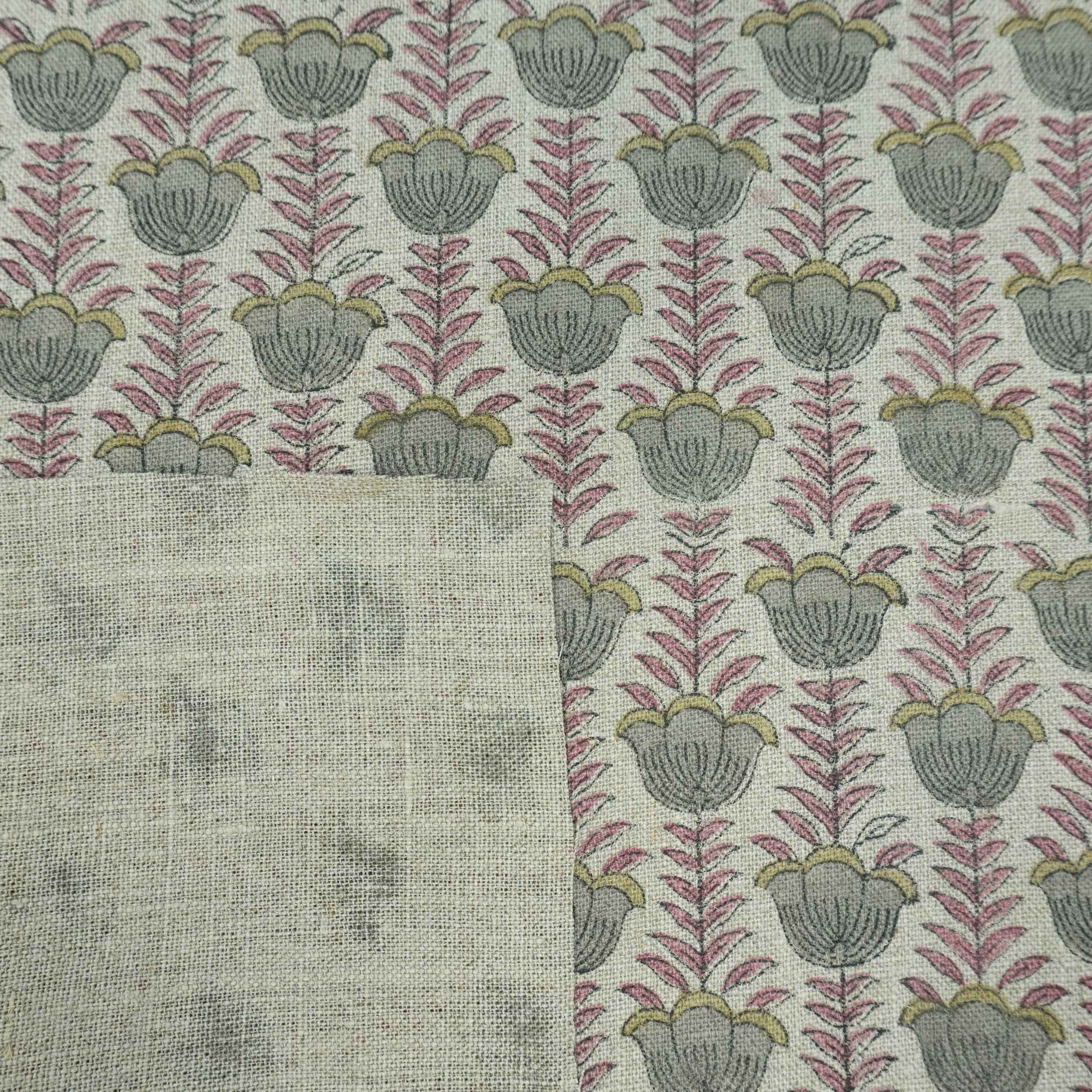 Block Print Thick Linen Pink Floral Lampshade Fabric - Lotus
