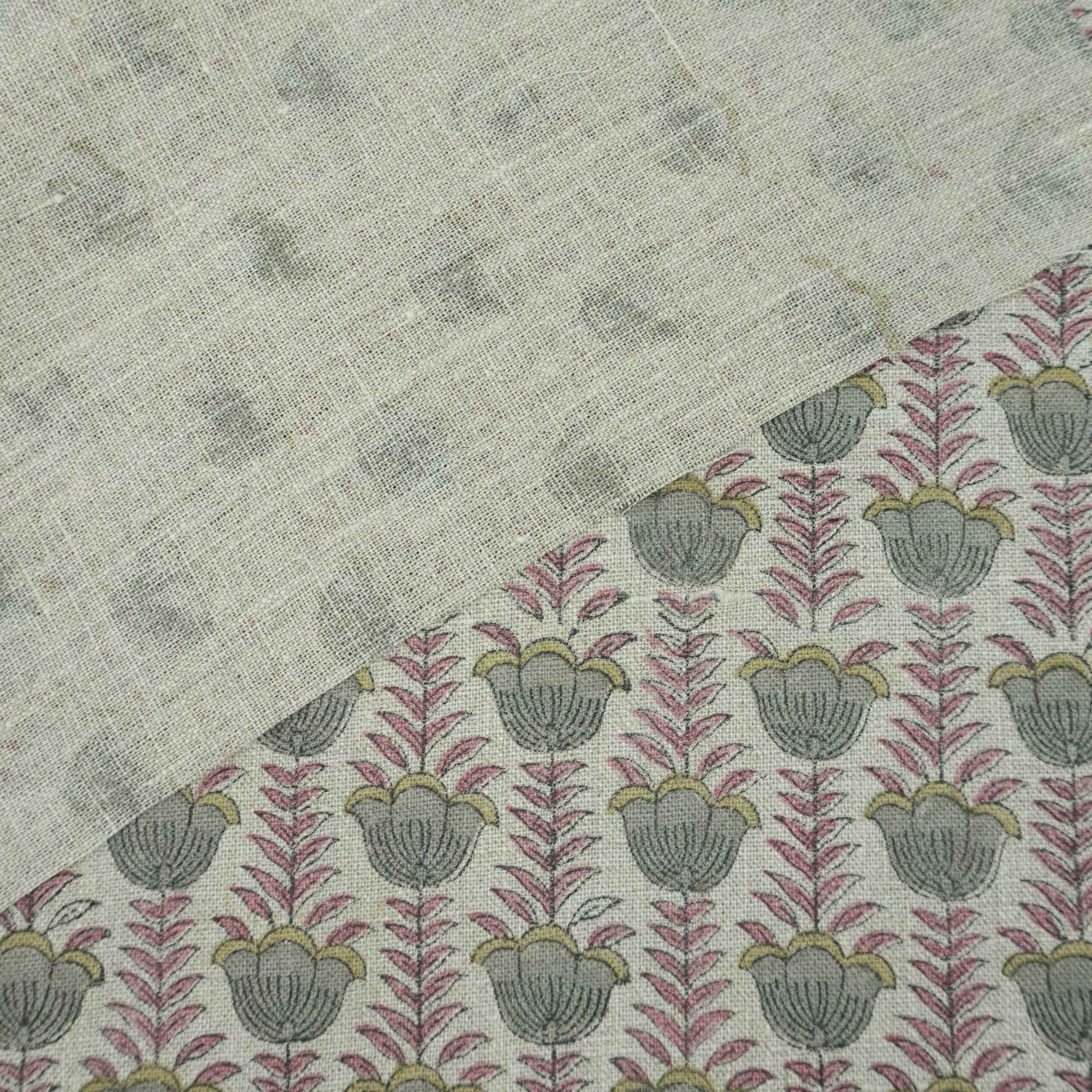 Block Print Thick Linen Pink Floral Lampshade Fabric - Lotus