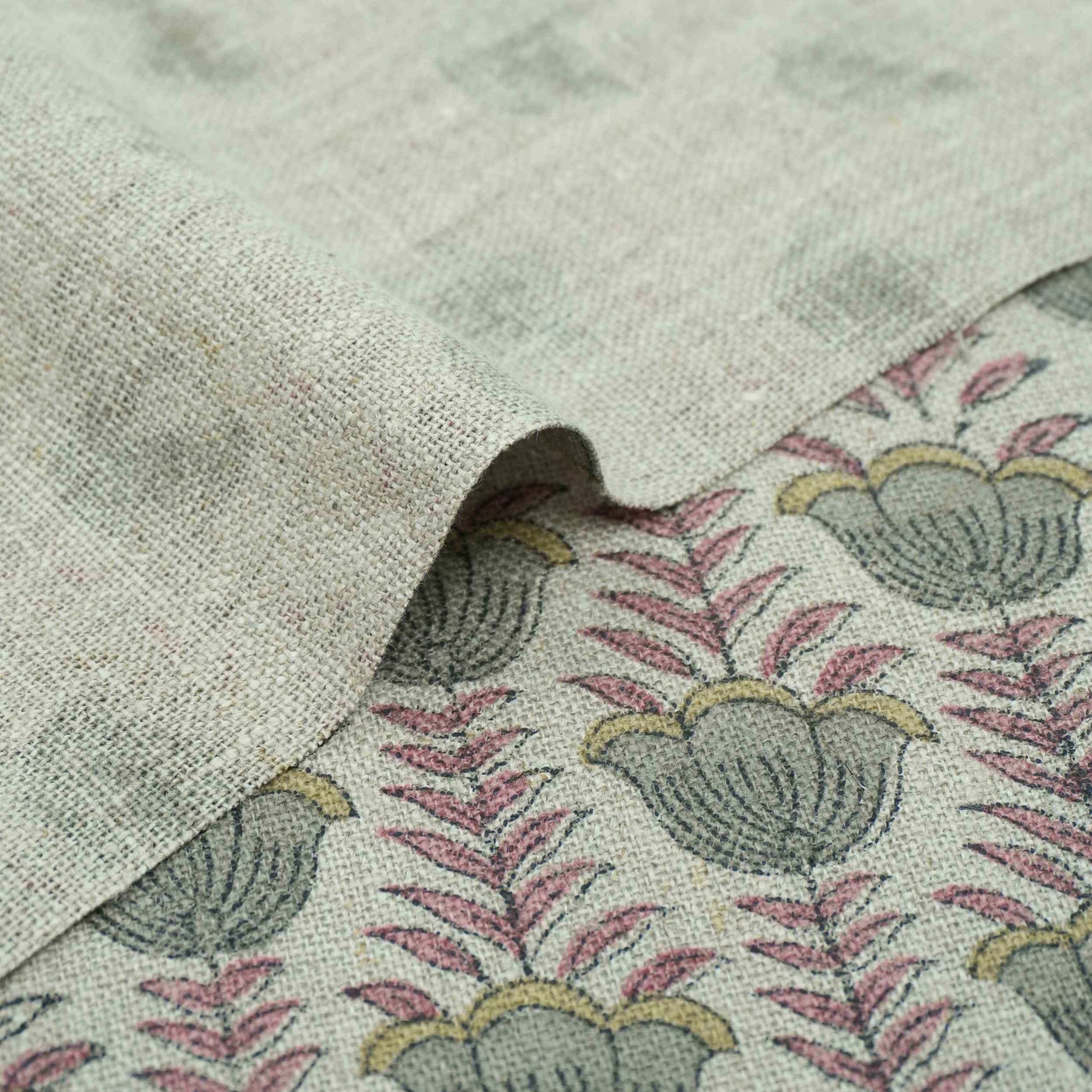 Block Print Thick Linen Pink Floral Lampshade Fabric - Lotus