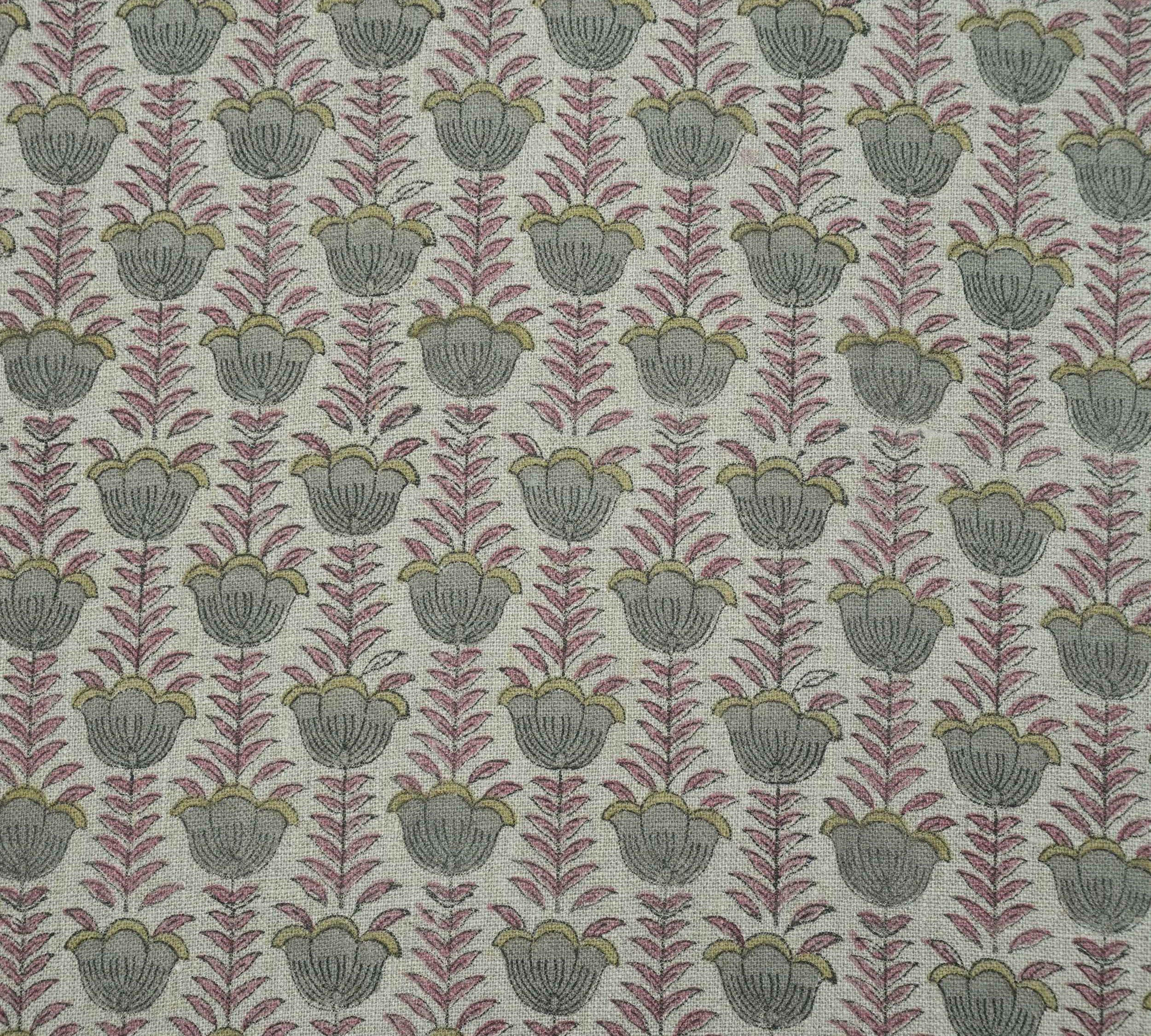 Block Print Thick Linen Pink Floral Lampshade Fabric - Lotus