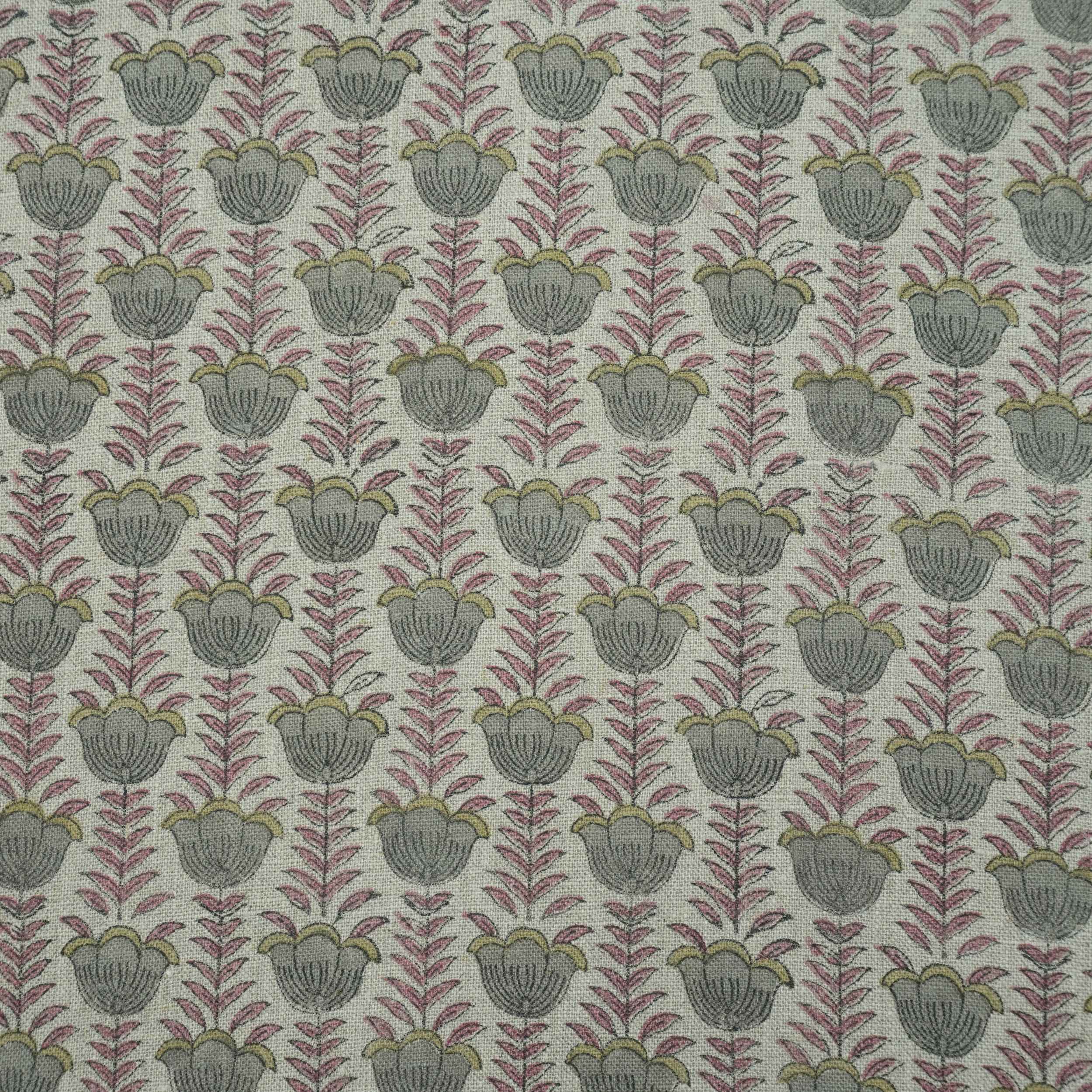 Block Print Thick Linen Pink Floral Lampshade Fabric - Lotus