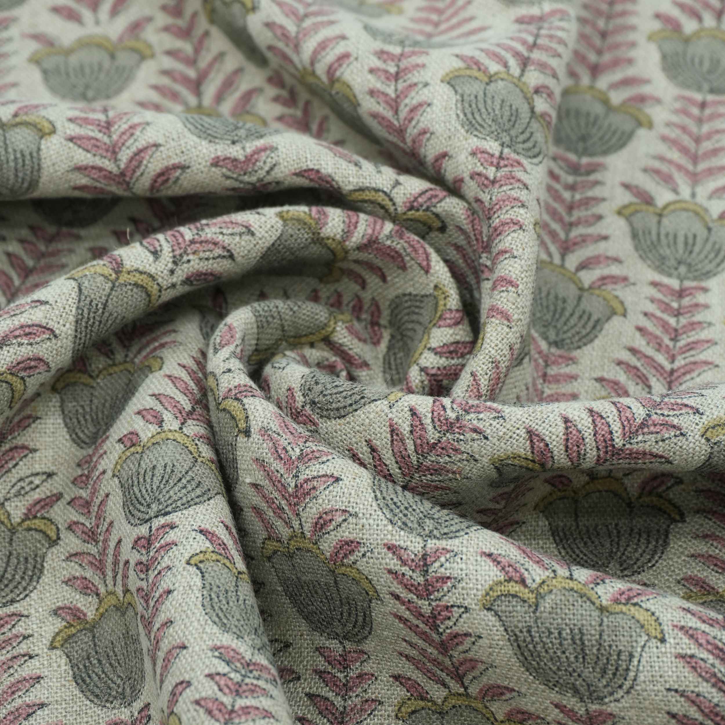 Block Print Thick Linen Pink Floral Lampshade Fabric - Lotus
