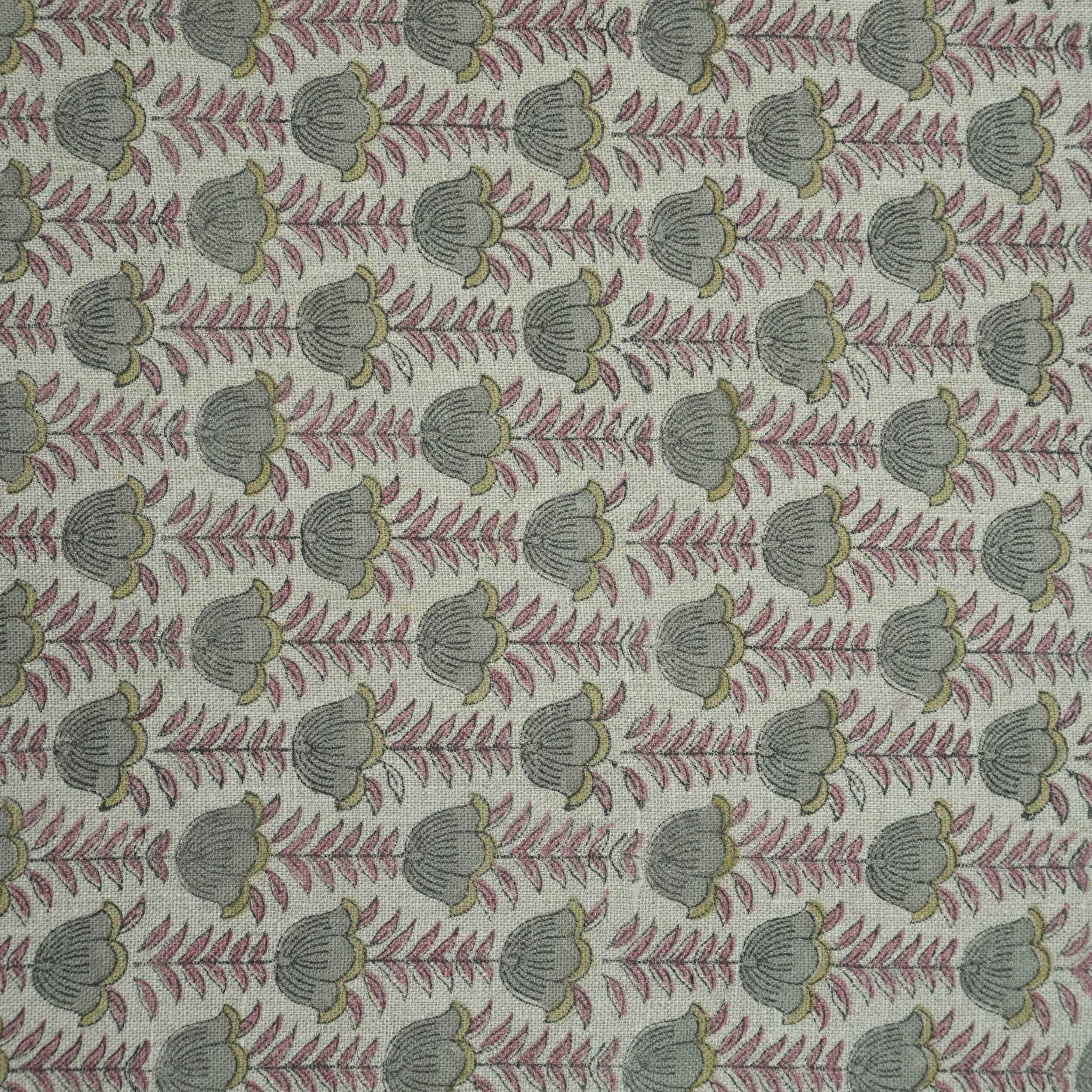 Block Print Thick Linen Pink Floral Lampshade Fabric - Lotus