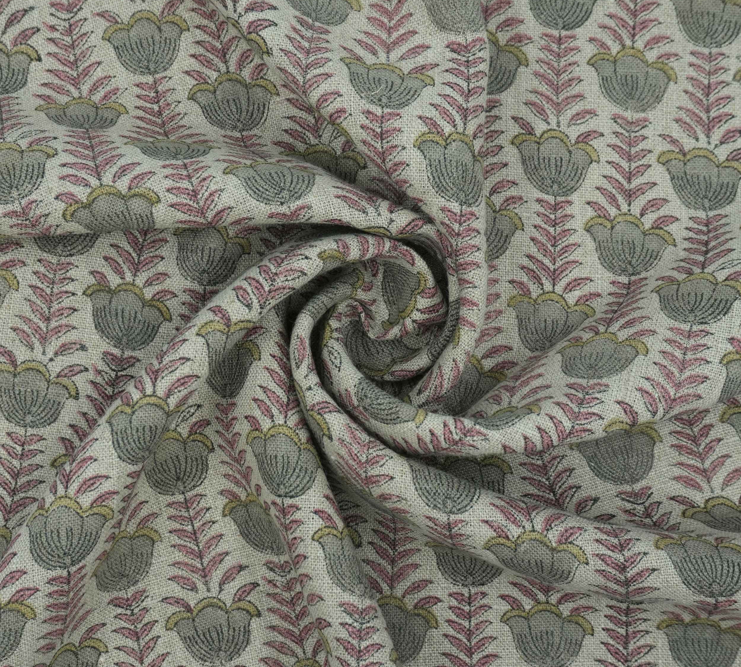 Block Print Thick Linen Pink Floral Lampshade Fabric - Lotus