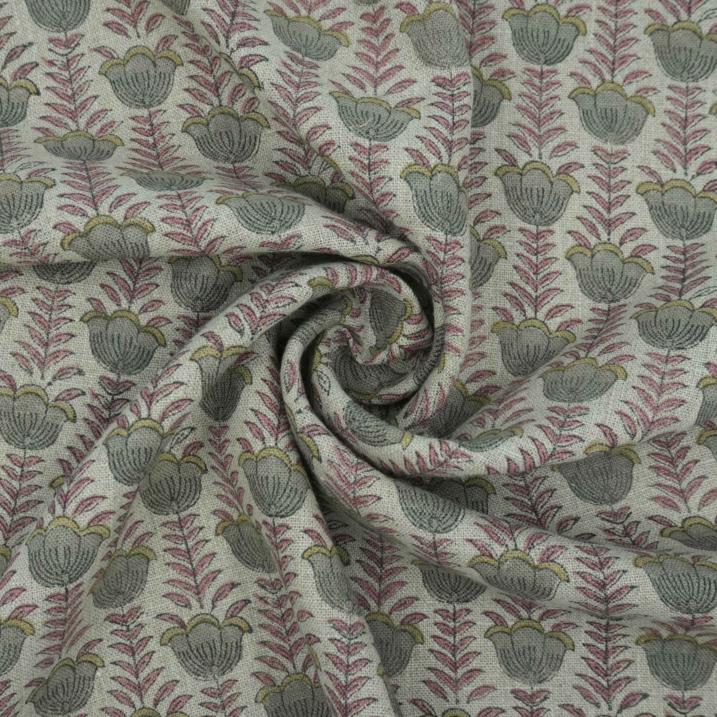 Block Print Thick Linen Pink Floral Lampshade Fabric - Lotus