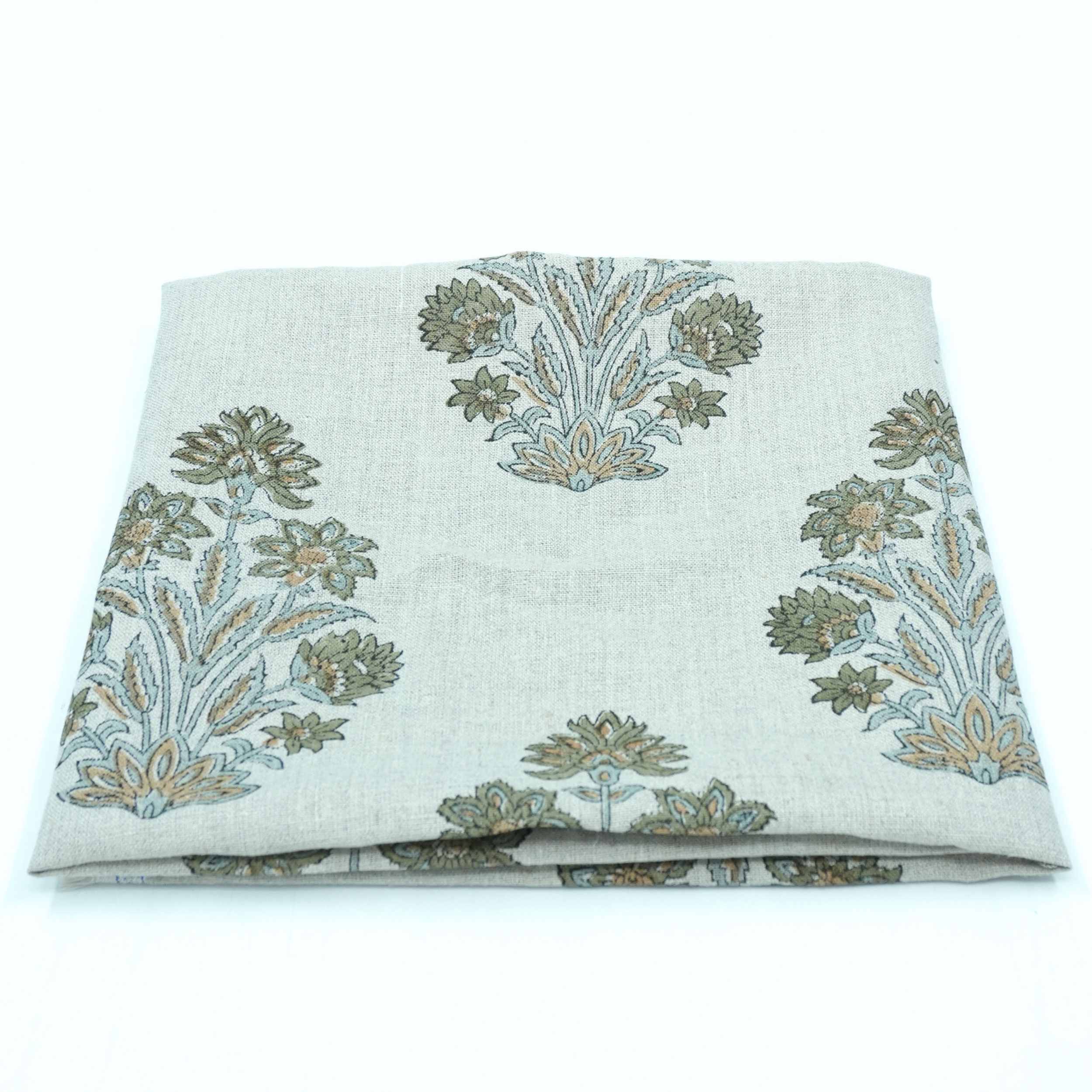 Indian Artisan Morpankh Green Floral Pure Linen Napkins Fabric
