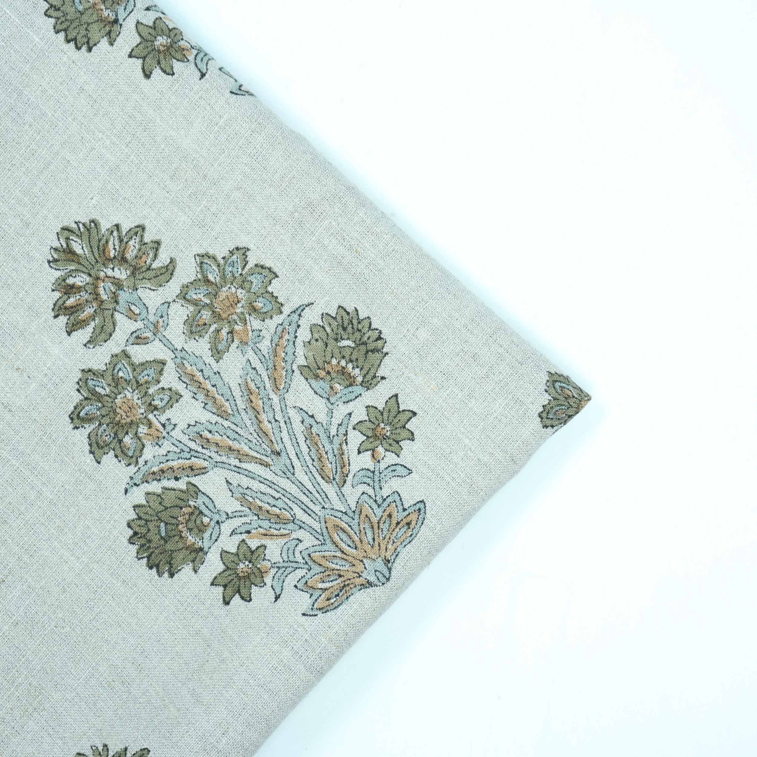 Indian Artisan Morpankh Green Floral Pure Linen Napkins Fabric