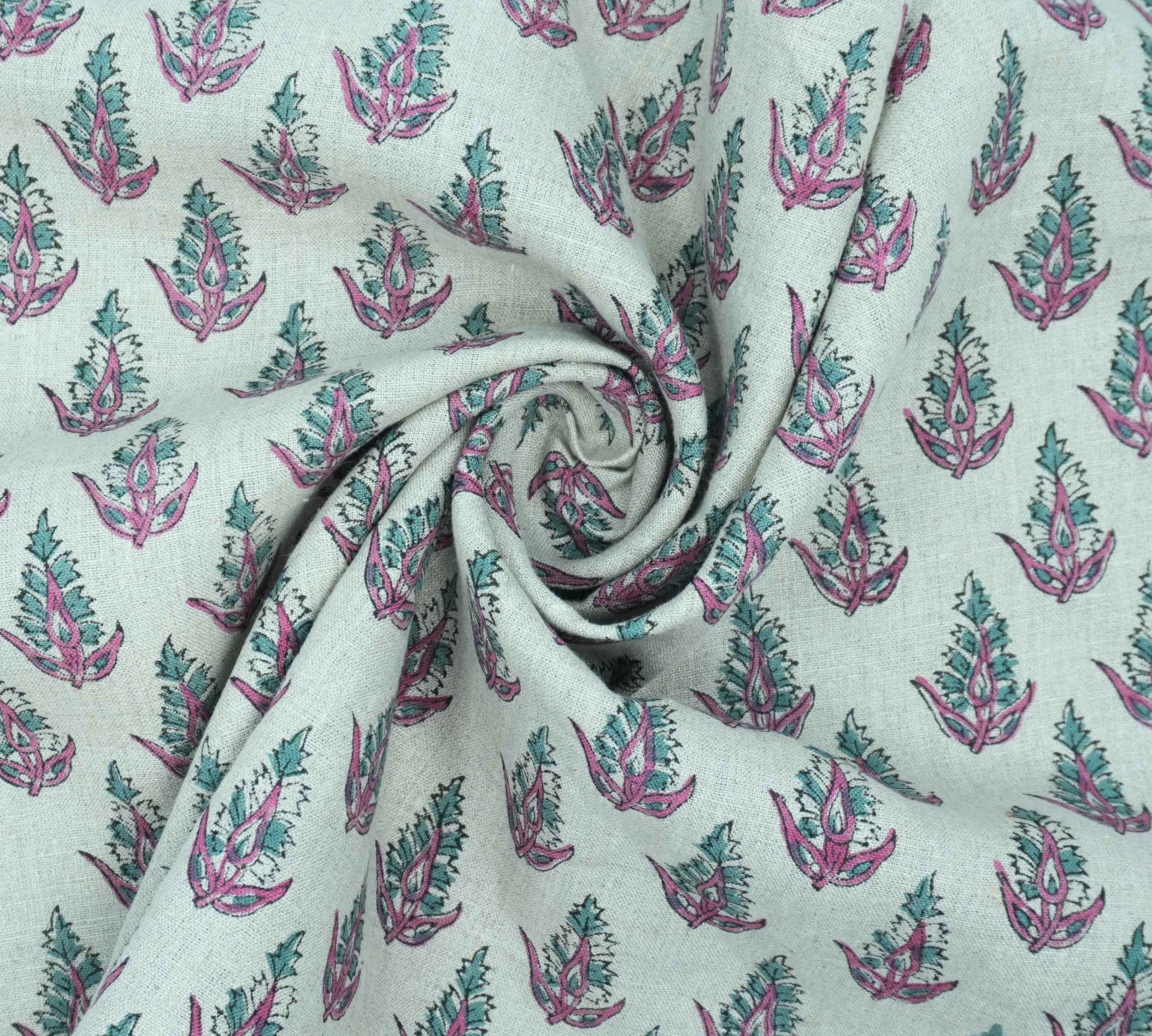 Handmade Kanak Butta Pink Floral Linen Elegant Fabric