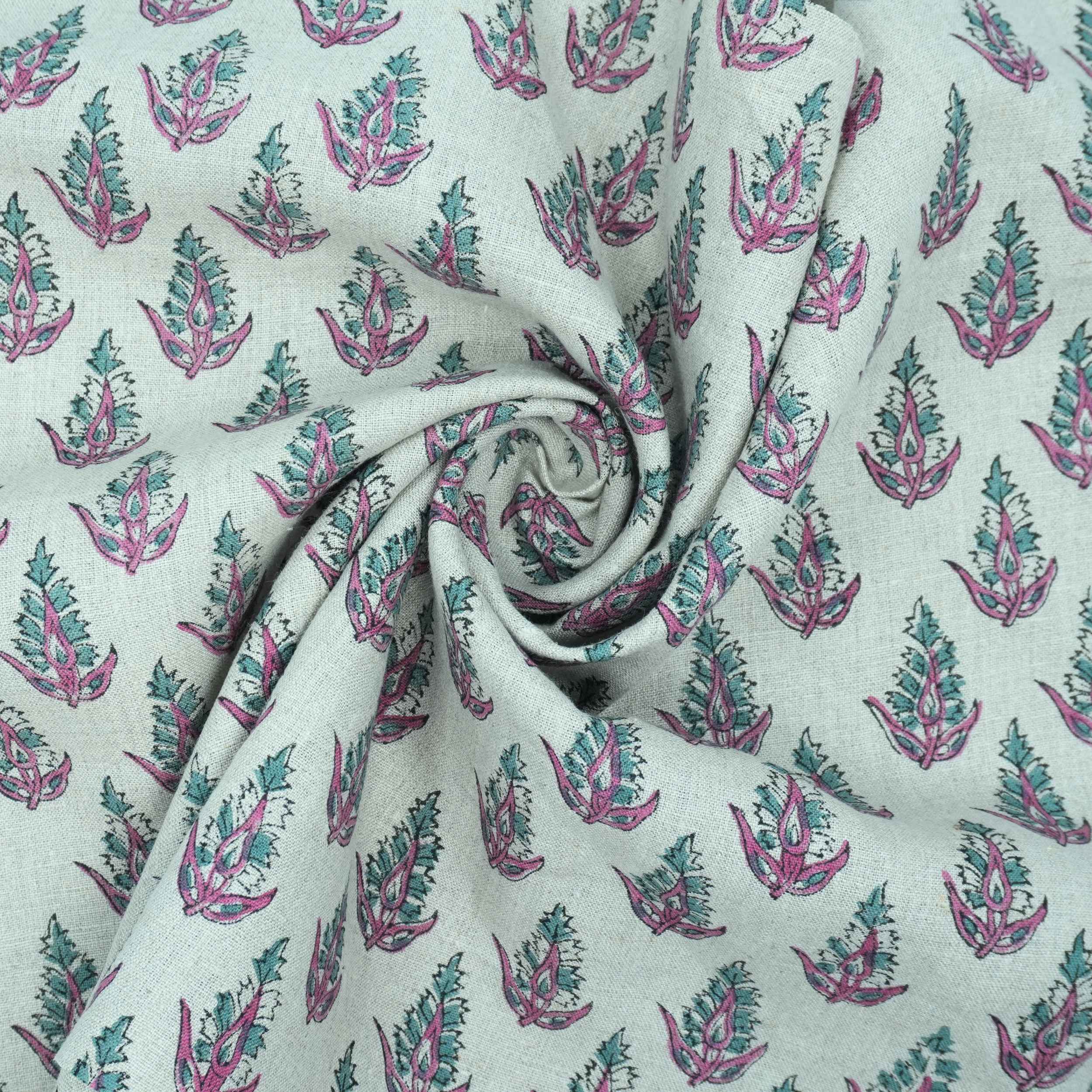 Handmade Kanak Butta Pink Floral Linen Elegant Fabric