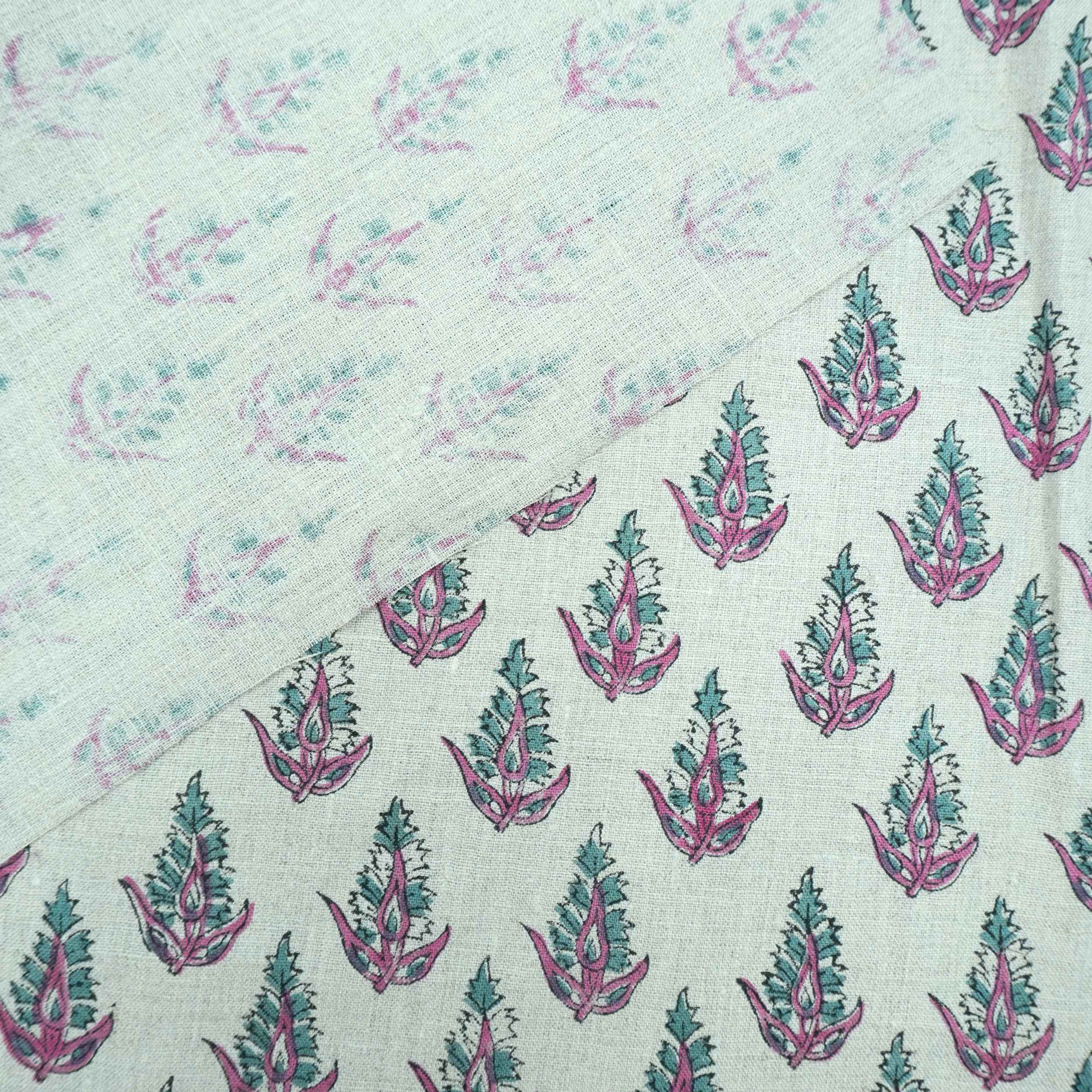 Handmade Kanak Butta Pink Floral Linen Elegant Fabric