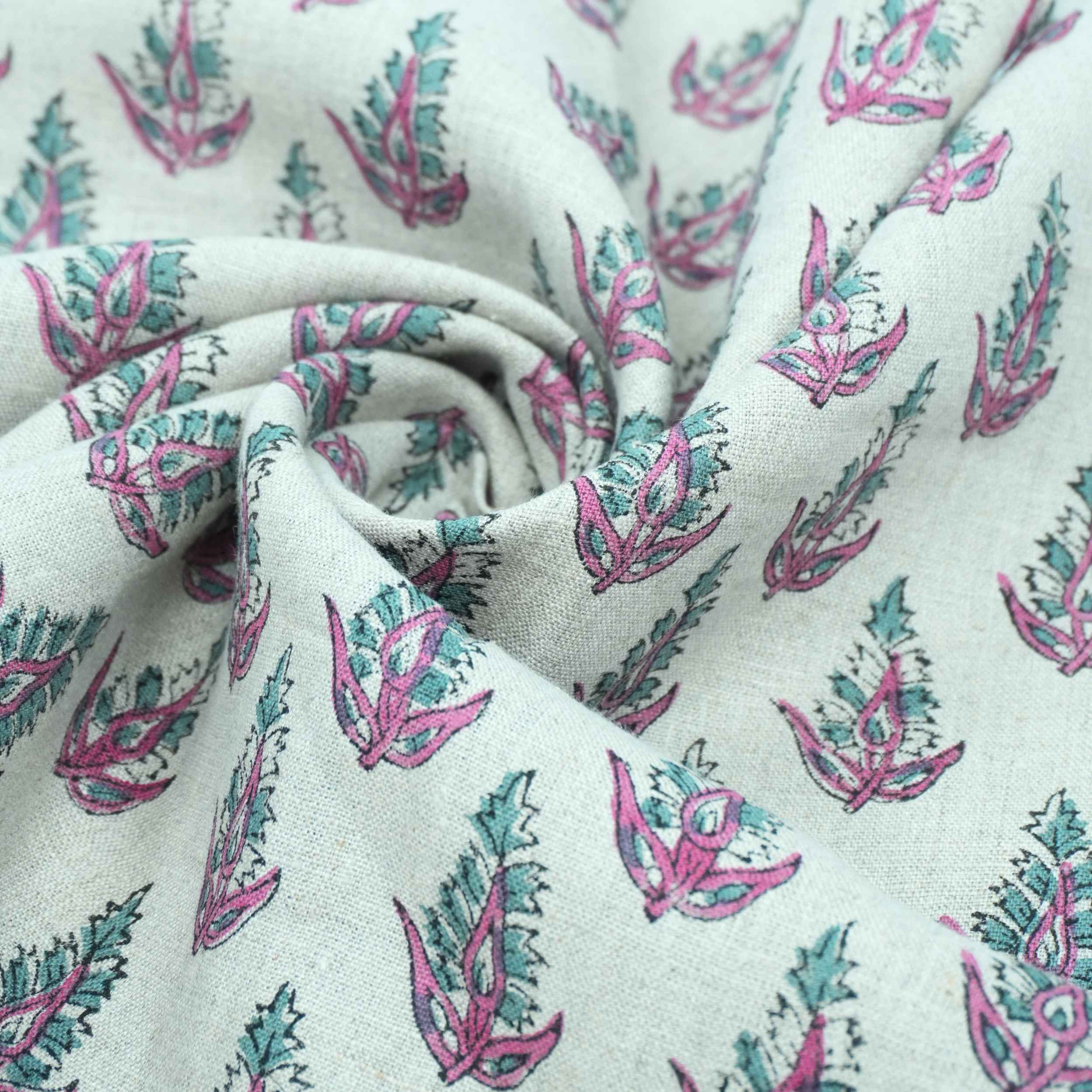 Handmade Kanak Butta Pink Floral Linen Elegant Fabric