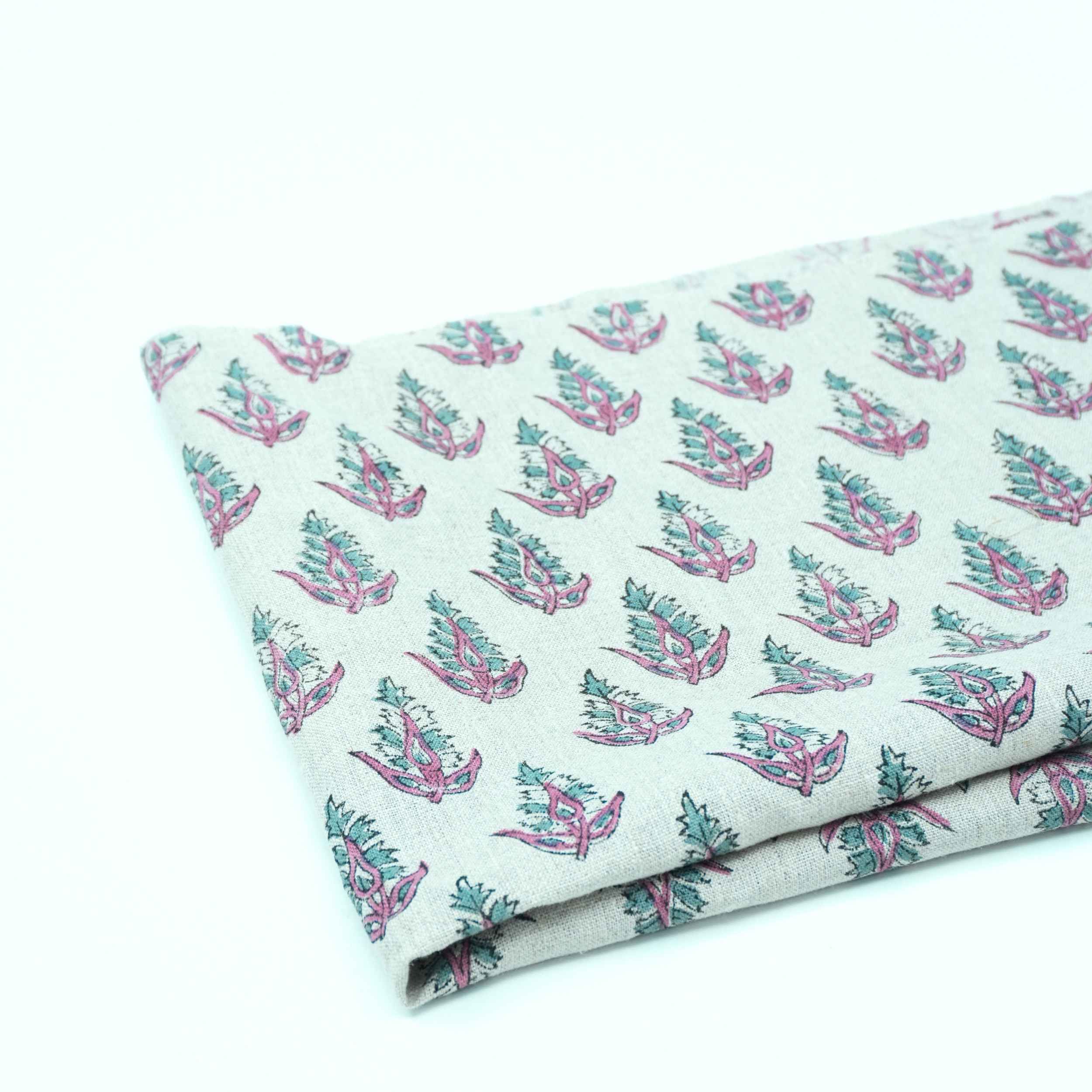 Handmade Kanak Butta Pink Floral Linen Elegant Fabric
