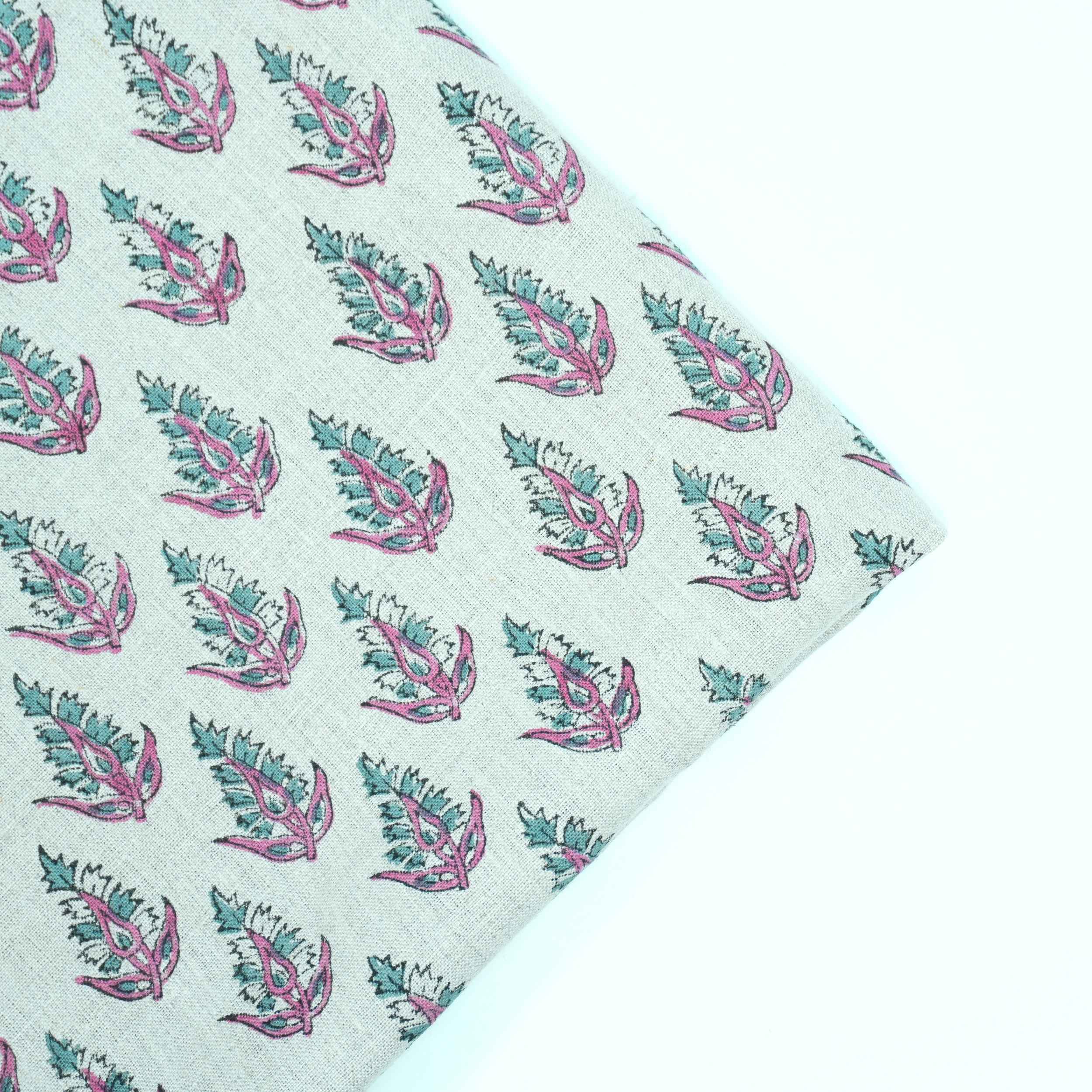 Handmade Kanak Butta Pink Floral Linen Elegant Fabric