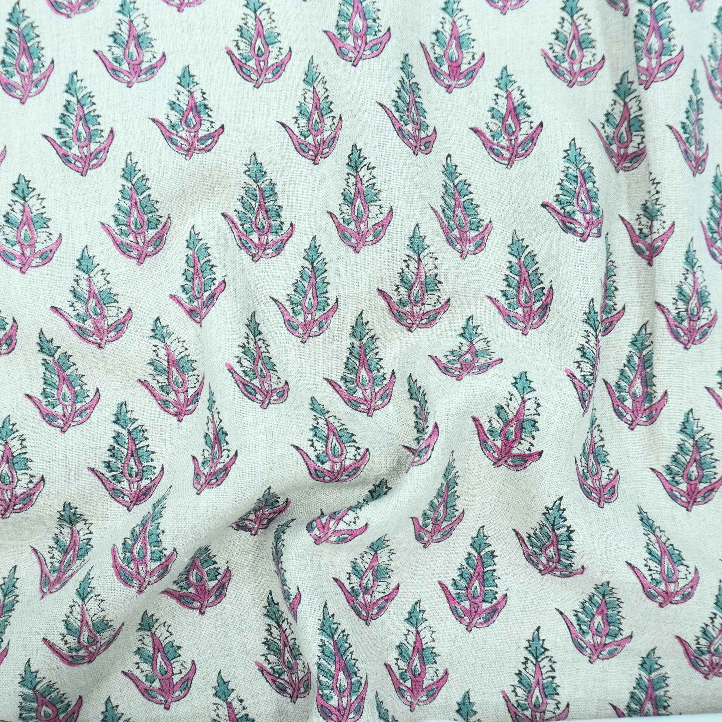 Handmade Kanak Butta Pink Floral Linen Elegant Fabric