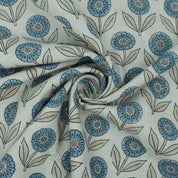 Blue Peach Floral Hand Block Print Pure Linen Fabric - Gandapushp