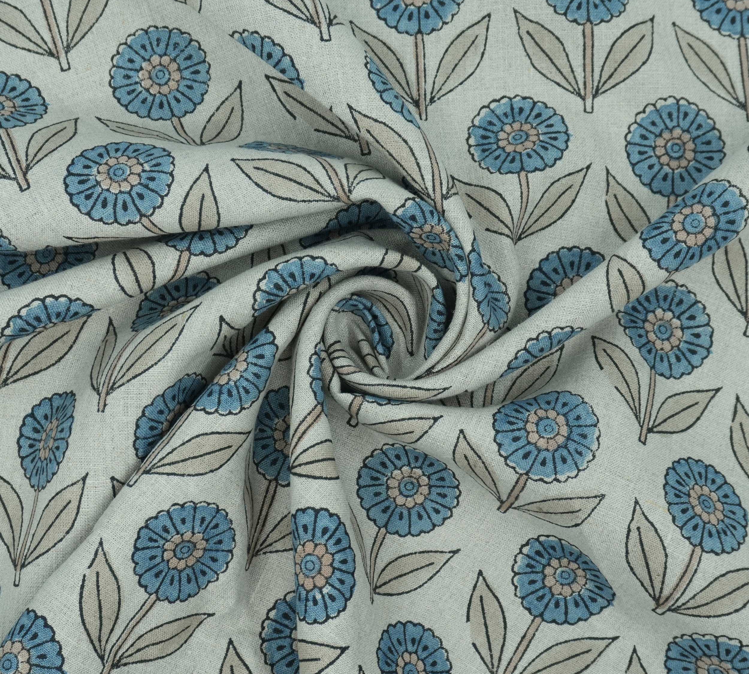 Blue Peach Floral Hand Block Print Pure Linen Fabric - Gandapushp