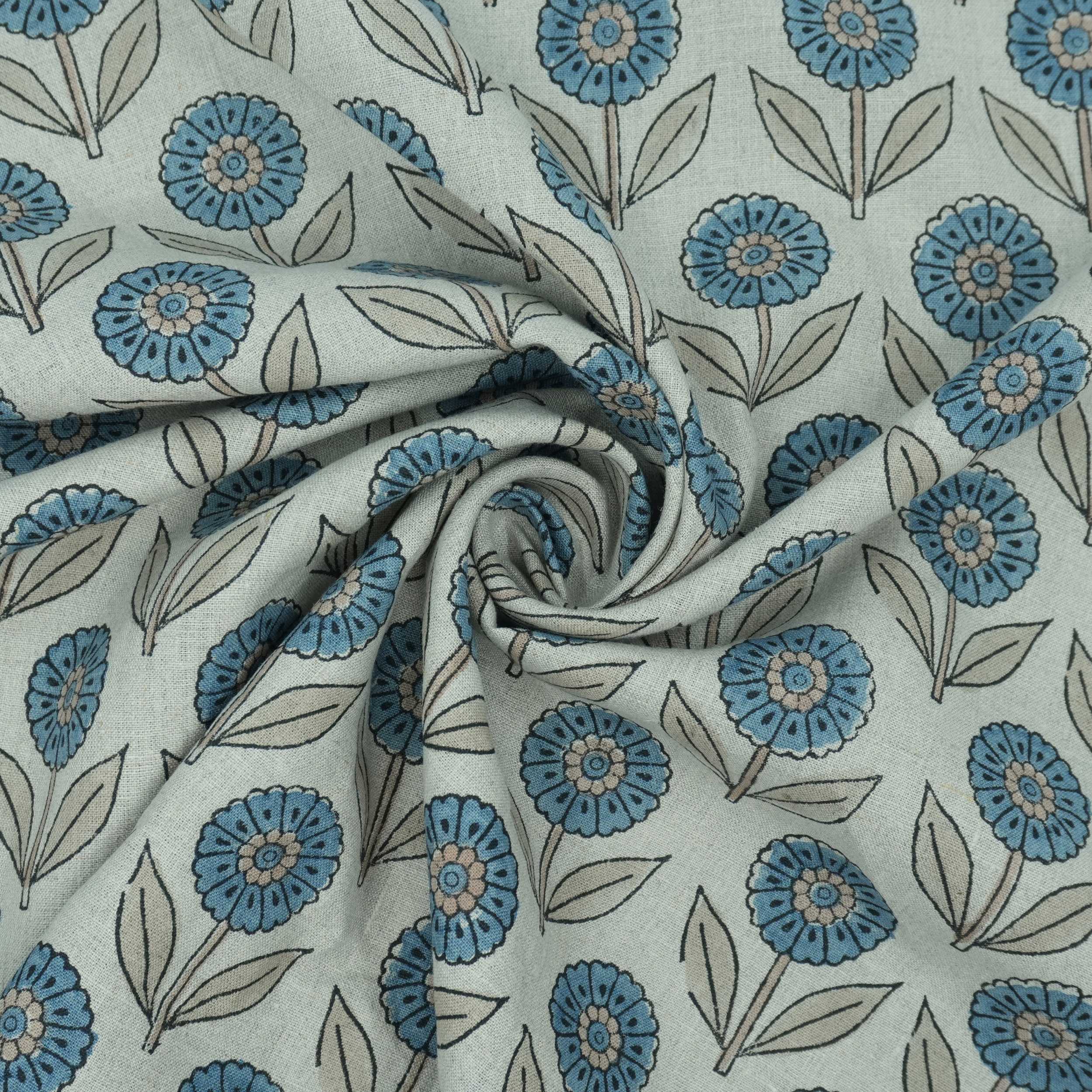 Blue Peach Floral Hand Block Print Pure Linen Fabric - Gandapushp